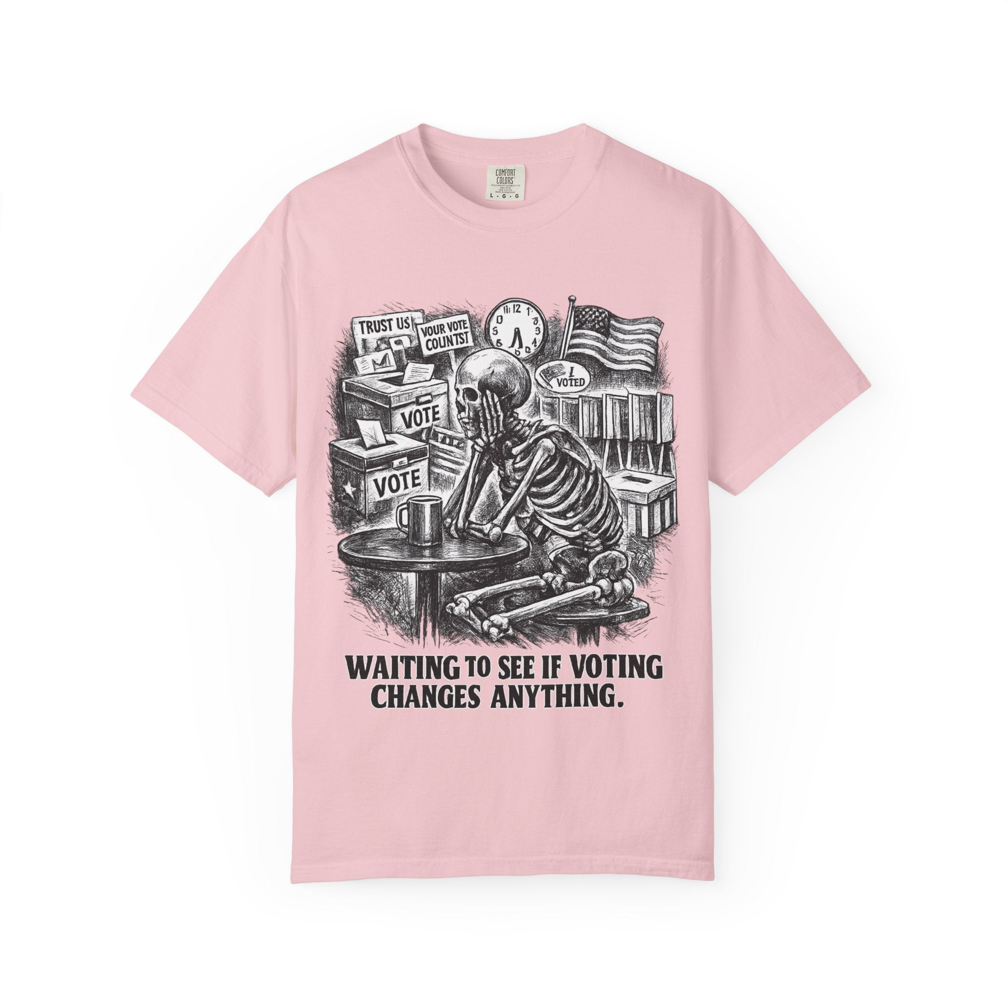 Voting Skeptic Graphic T-Shirt — "Waiting to See If Voting Changes Anything."