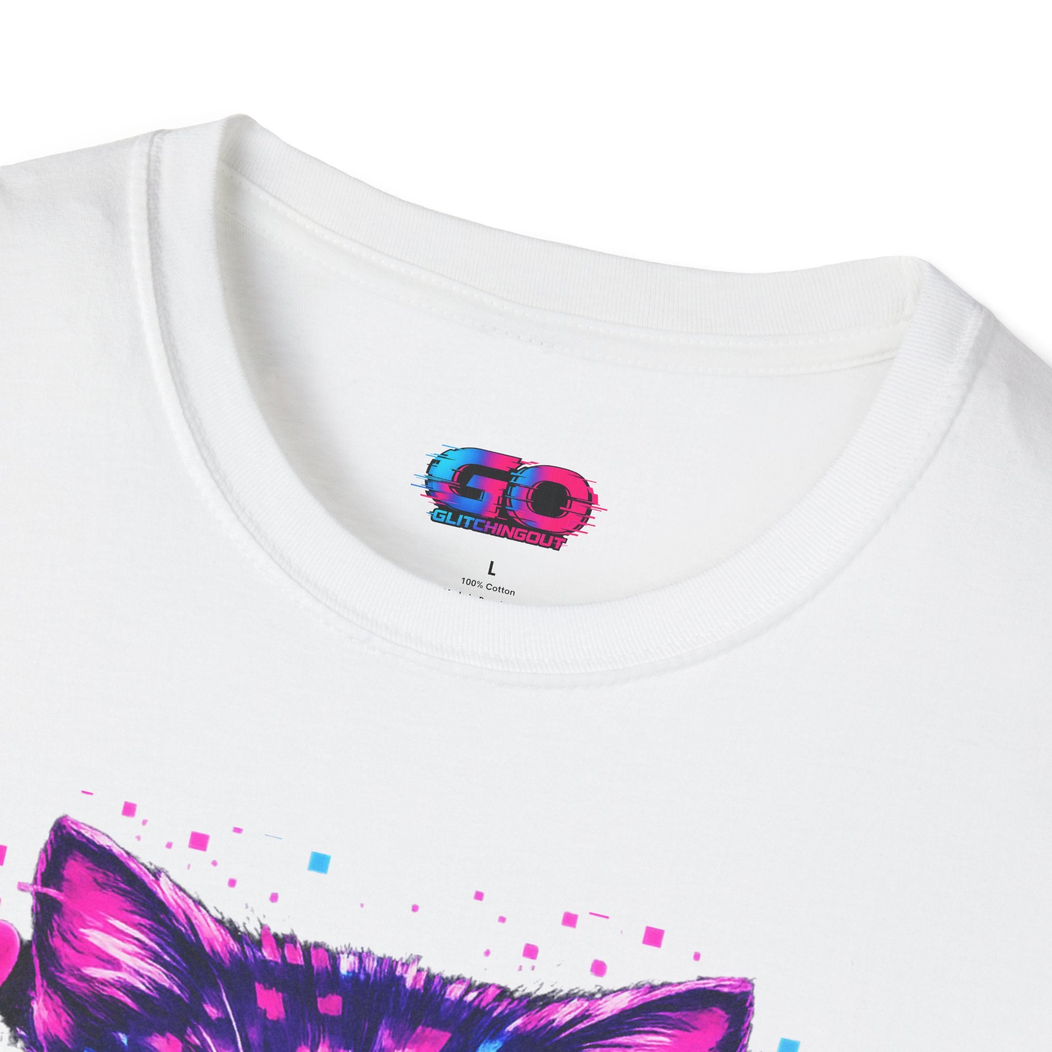 Glitch Cat T-Shirt — Retro Neon Kitty “Glitch the System” Graphic Tee