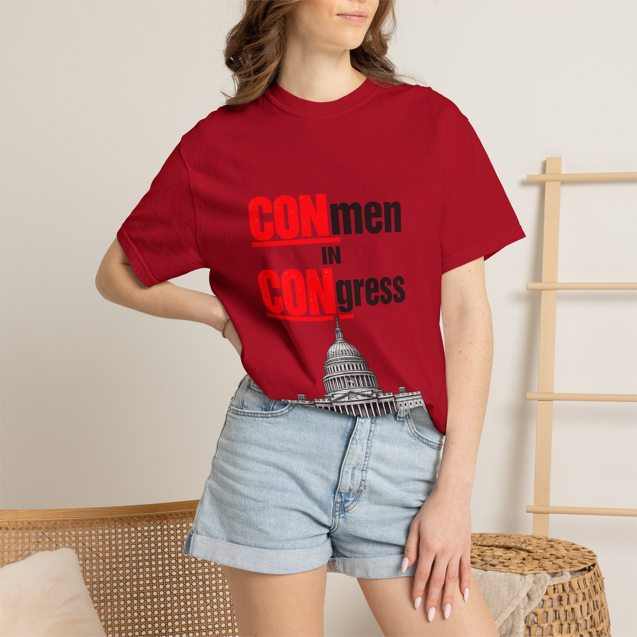T-Shirt — "CONmen in CONgress" Political Satire Tee with Capitol Graphic