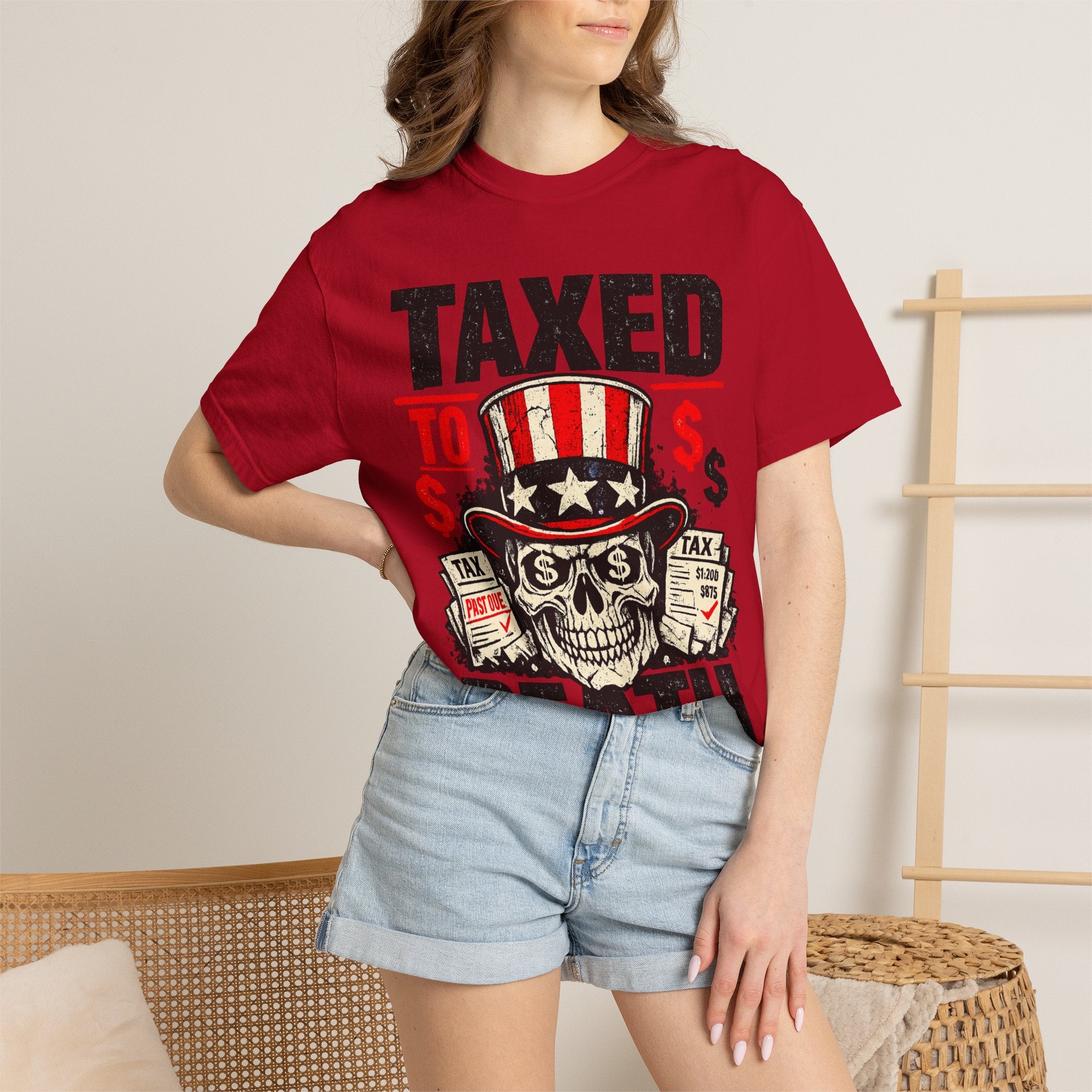 Taxed to Death T-Shirt — Patriotic Skull Tax Humor Tee