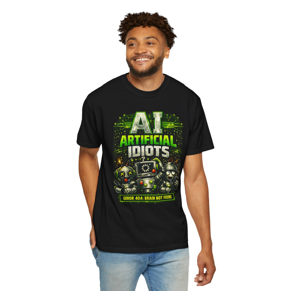 'AI Artificial Idiots: Error 404 — Brain Not Found' Satire Graphic T-Shirt