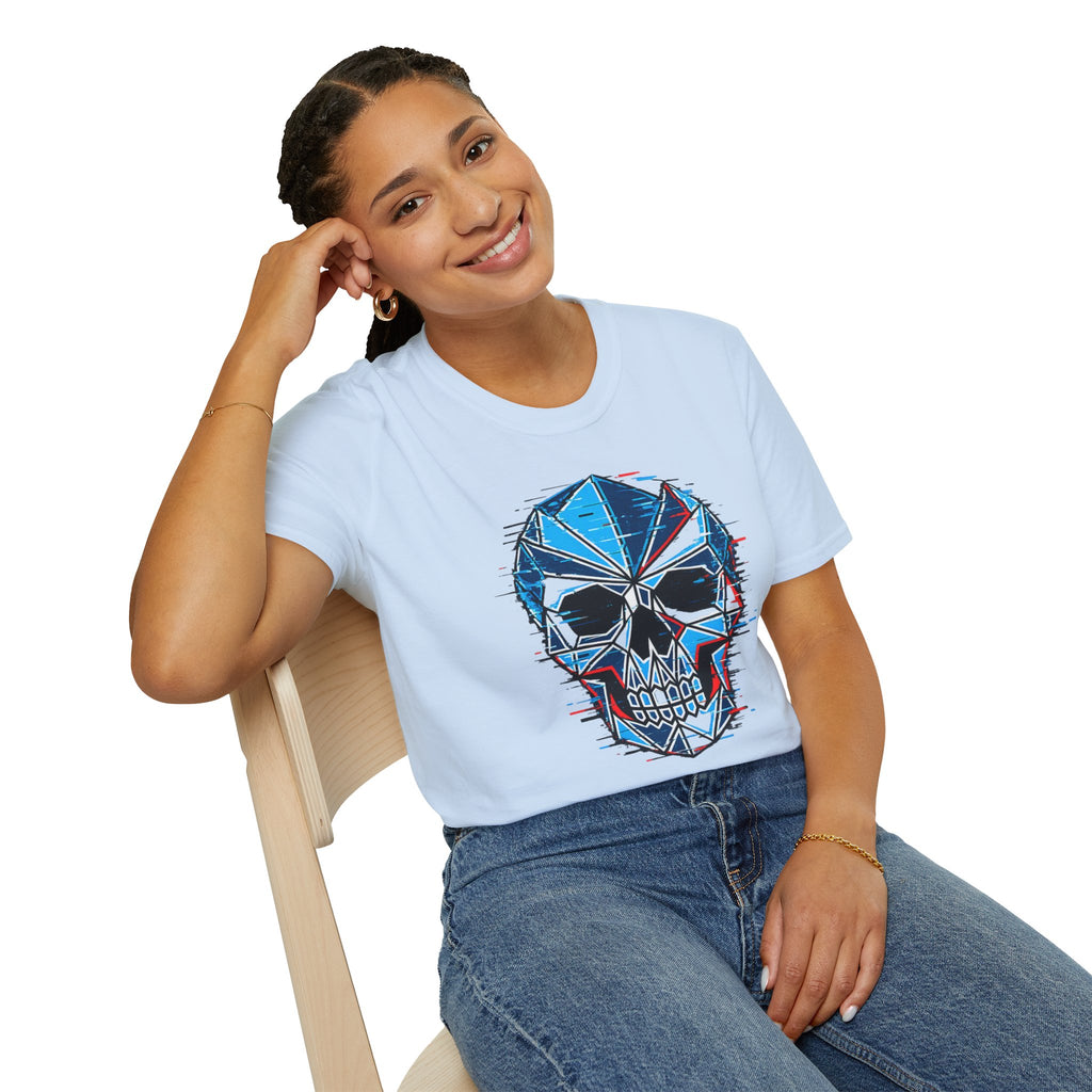 Geometric Blue Glitch Skull T‑Shirt — Edgy Men's & Women's Graphic Tee