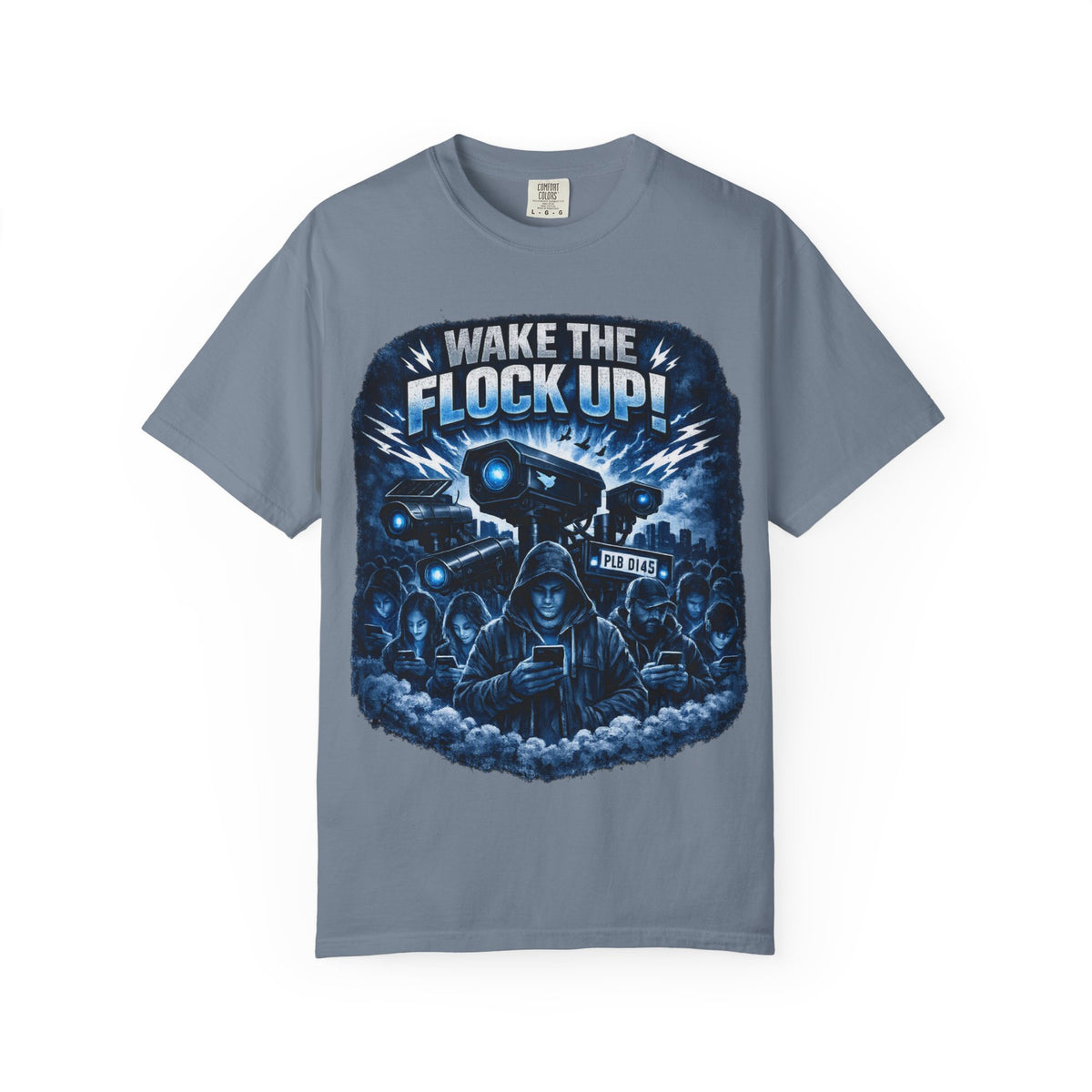 T-Shirt — "Wake the Flock Up" V2 Protest Graphic Tee (Bold Blue Dystopian Design)