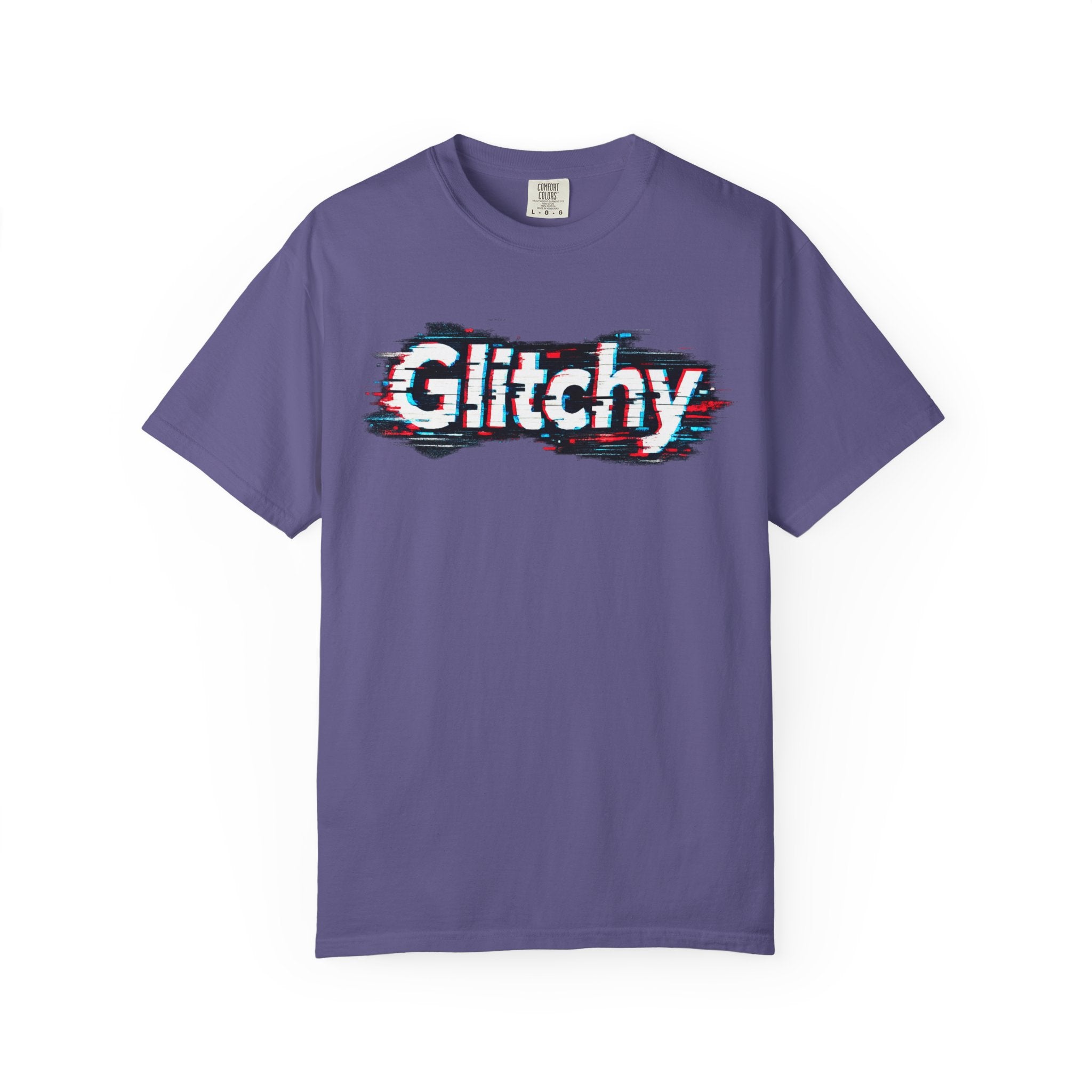 Glitchy Graphic T-Shirt — Retro Glitch Text Tee (Front "GO", Back "Glitchy")