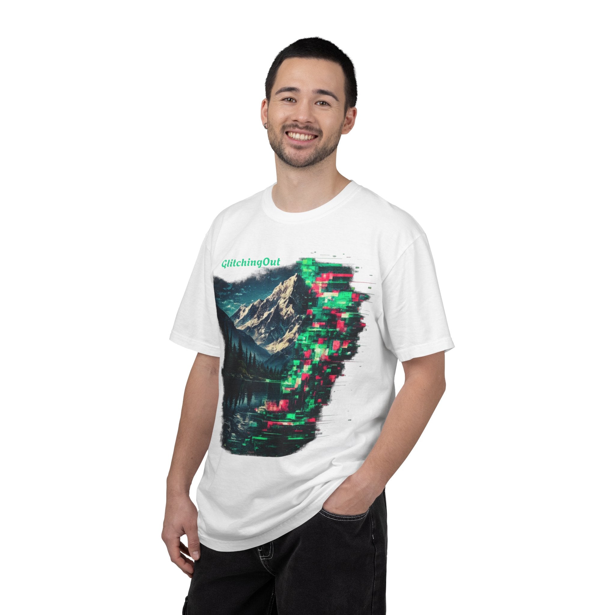 GlitchingOut Mountain Landscape T-Shirt — Retro Glitch Nature Graphic Tee