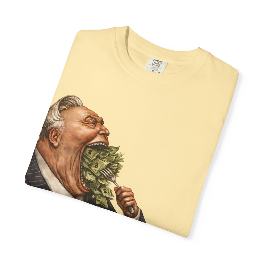 Money Greed Cartoon T-Shirt — Satirical Businessman Eating Cash Tee