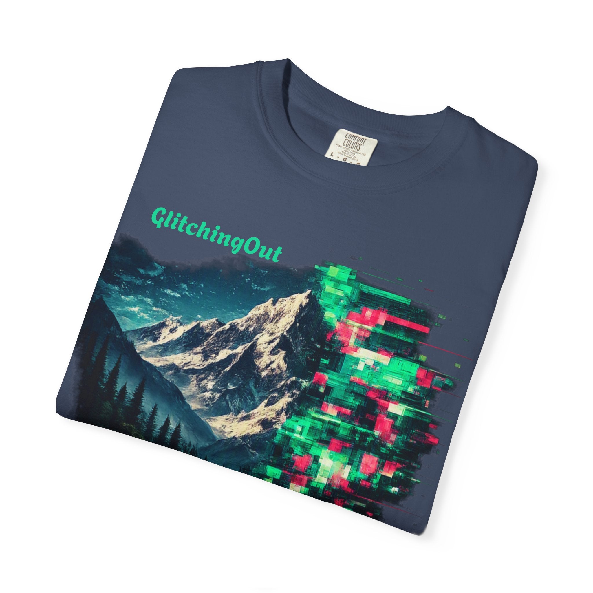 GlitchingOut Mountain Landscape T-Shirt — Retro Glitch Nature Graphic Tee