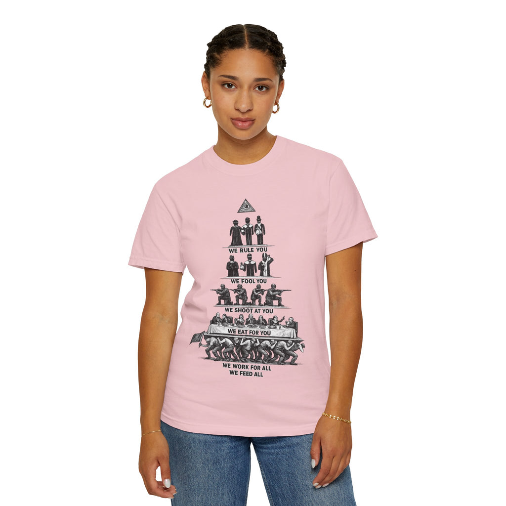 T-Shirt — Hierarchy of Power Graphic Tee ("We Rule You / We Fool You / We Shoot At You / We Eat For You / We Work For All / We Feed All")