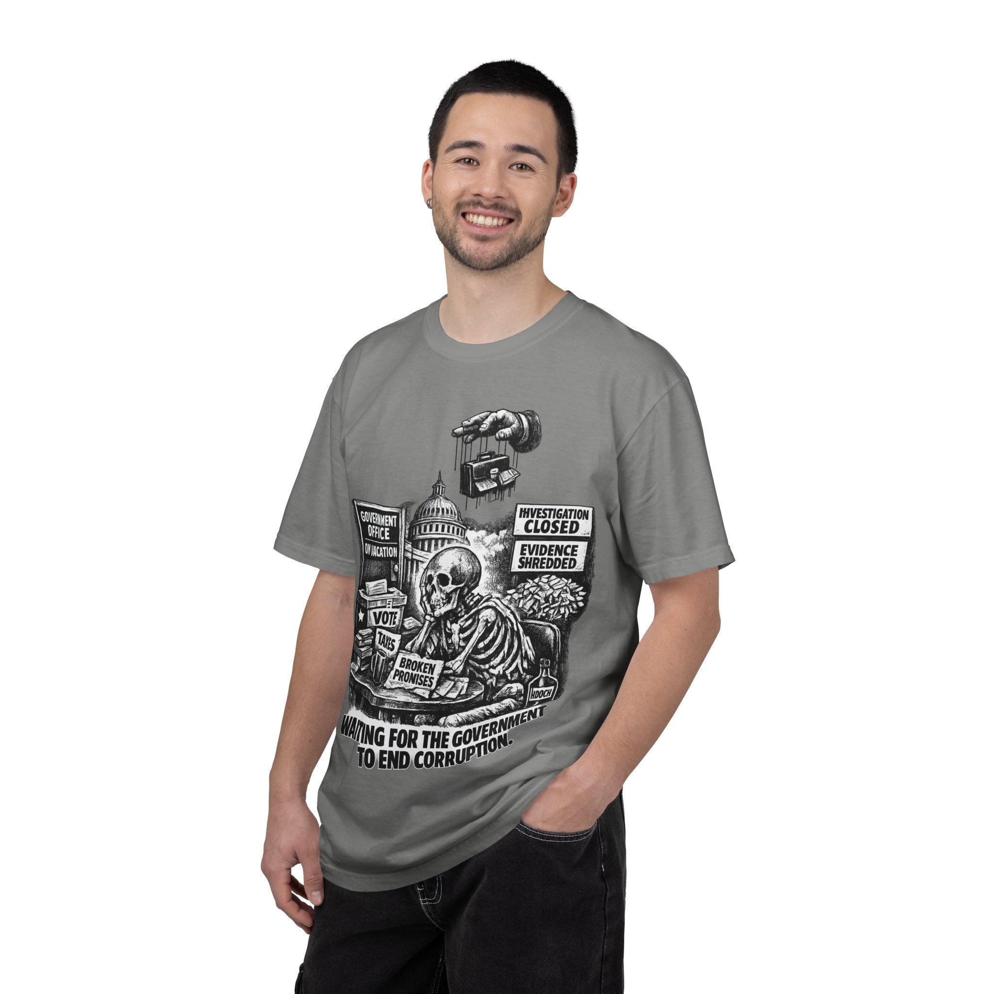 Graphic Tee — "Waiting for the Government to End Corruption" Political Skeletal Design