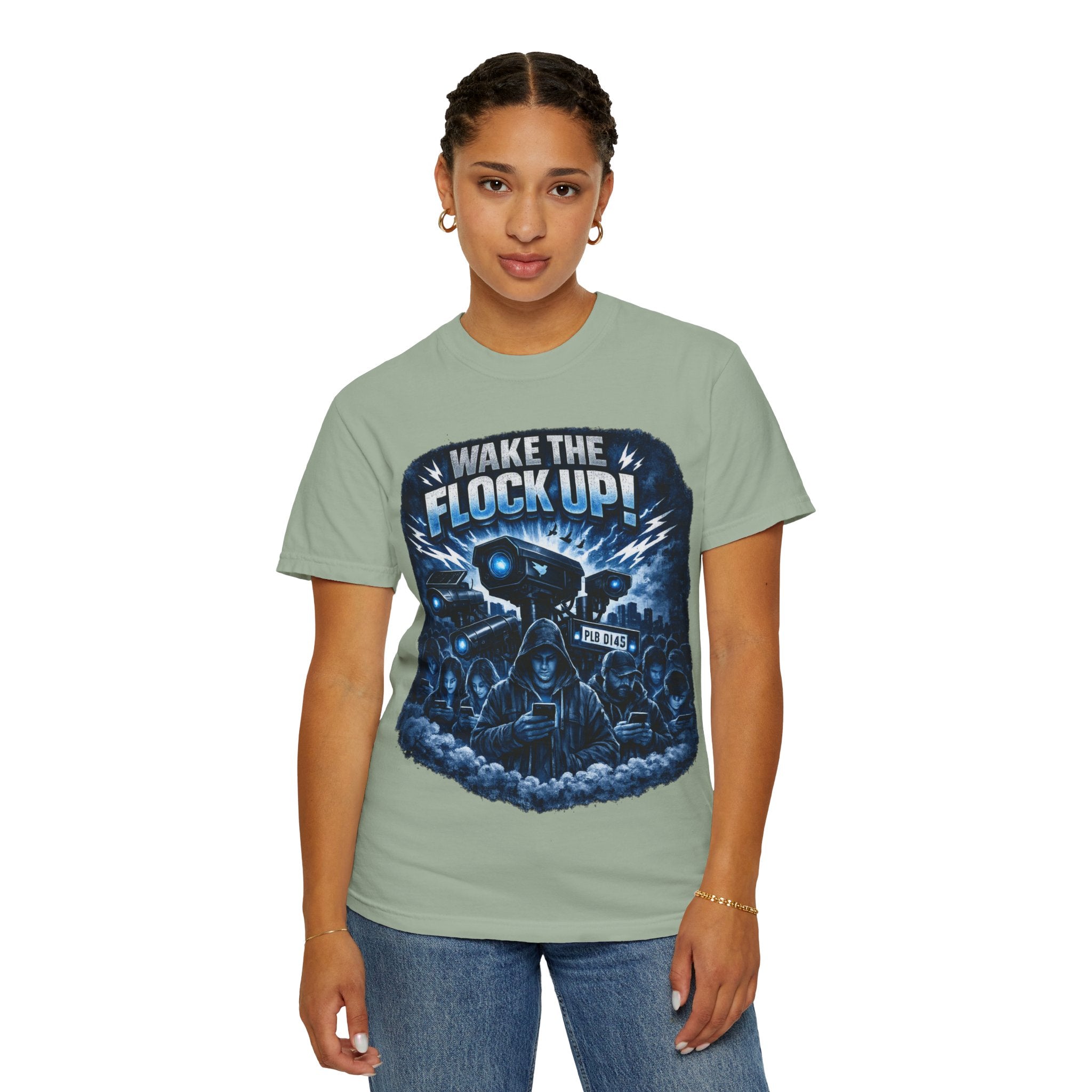 T-Shirt — "Wake the Flock Up" V2 Protest Graphic Tee (Bold Blue Dystopian Design)