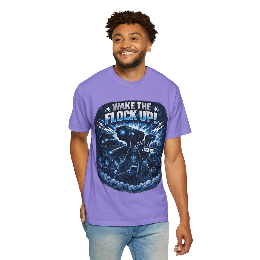 T-Shirt — "Wake the Flock Up" V2 Protest Graphic Tee (Bold Blue Dystopian Design)