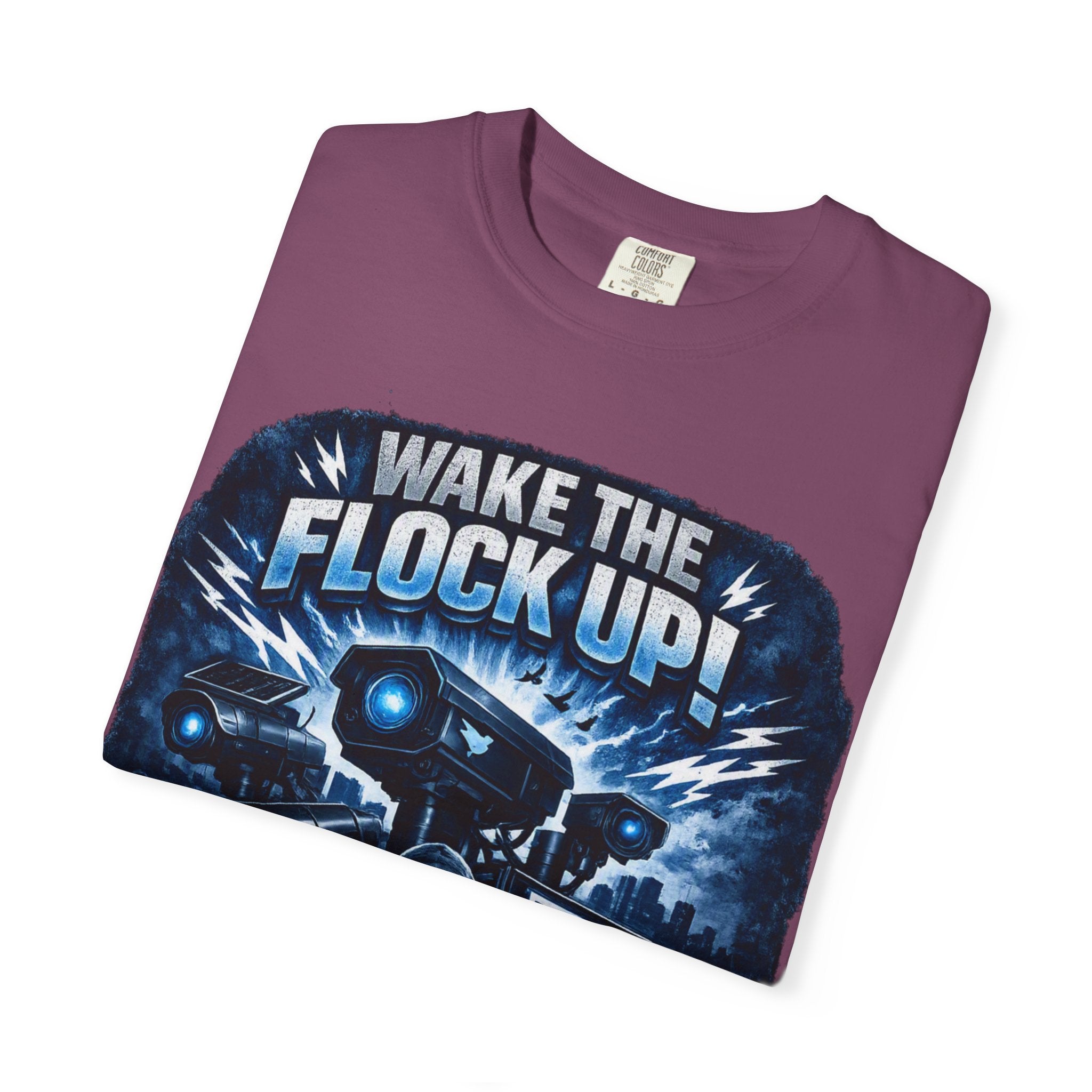 T-Shirt — "Wake the Flock Up" V2 Protest Graphic Tee (Bold Blue Dystopian Design)