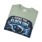 T-Shirt — "Wake the Flock Up" V2 Protest Graphic Tee (Bold Blue Dystopian Design)