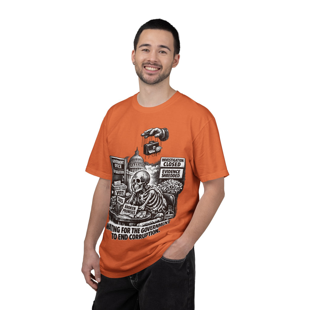 Graphic Tee — "Waiting for the Government to End Corruption" Political Skeletal Design