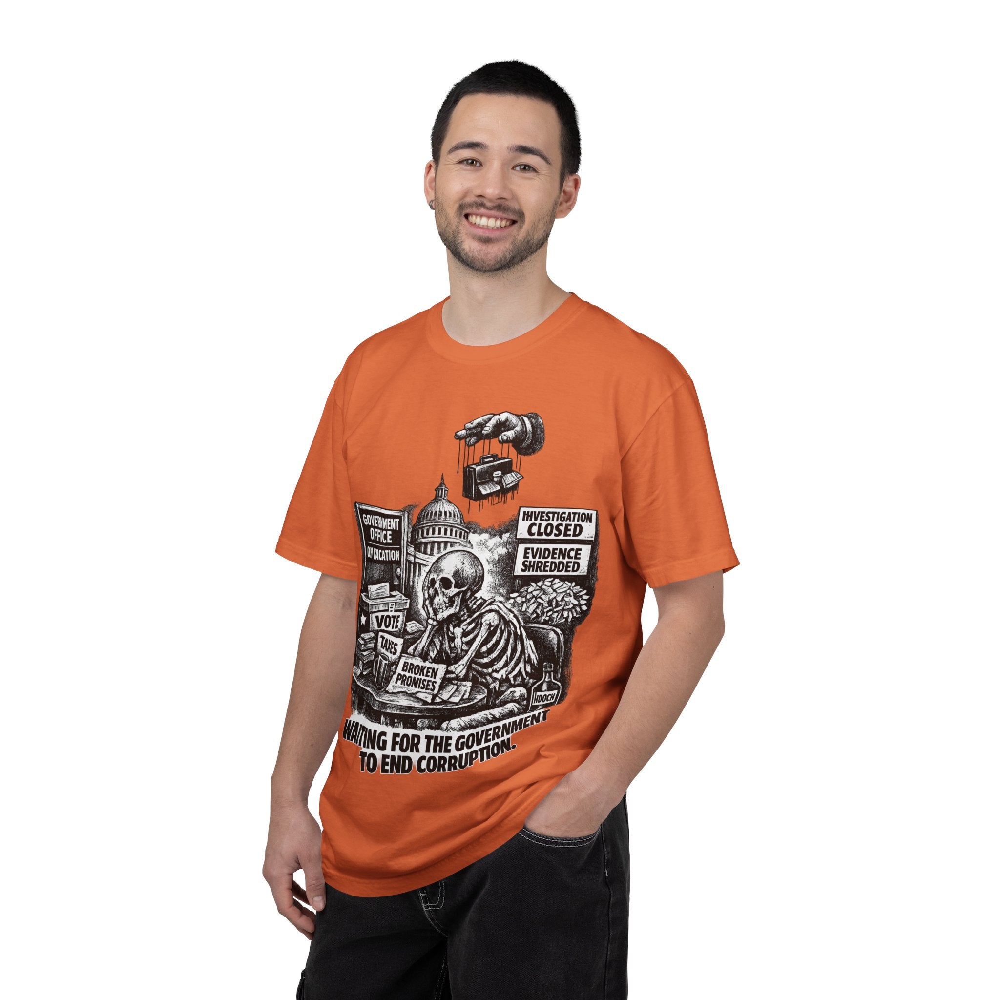 Graphic Tee — "Waiting for the Government to End Corruption" Political Skeletal Design