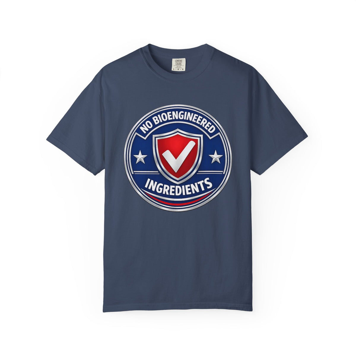 No Bioengineered Ingredients T-Shirt — Retro Shield Organic Food Badge Tee