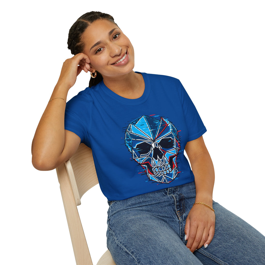 Geometric Blue Glitch Skull T‑Shirt — Edgy Men's & Women's Graphic Tee