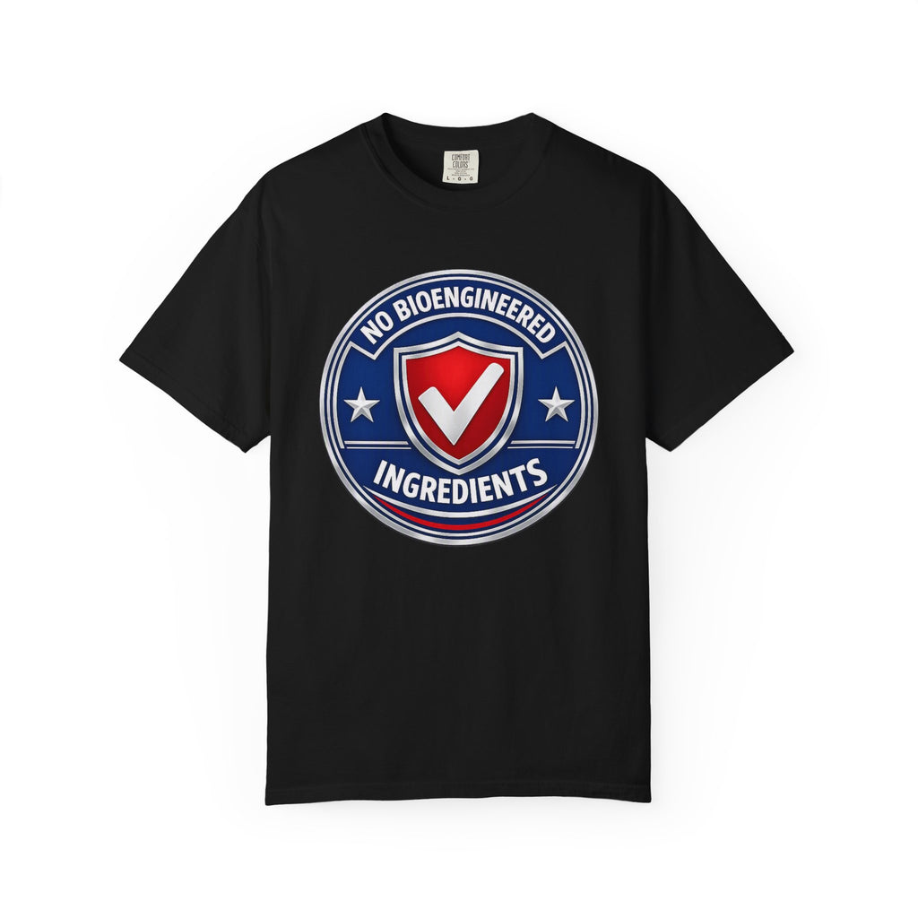 No Bioengineered Ingredients T-Shirt — Retro Shield Organic Food Badge Tee