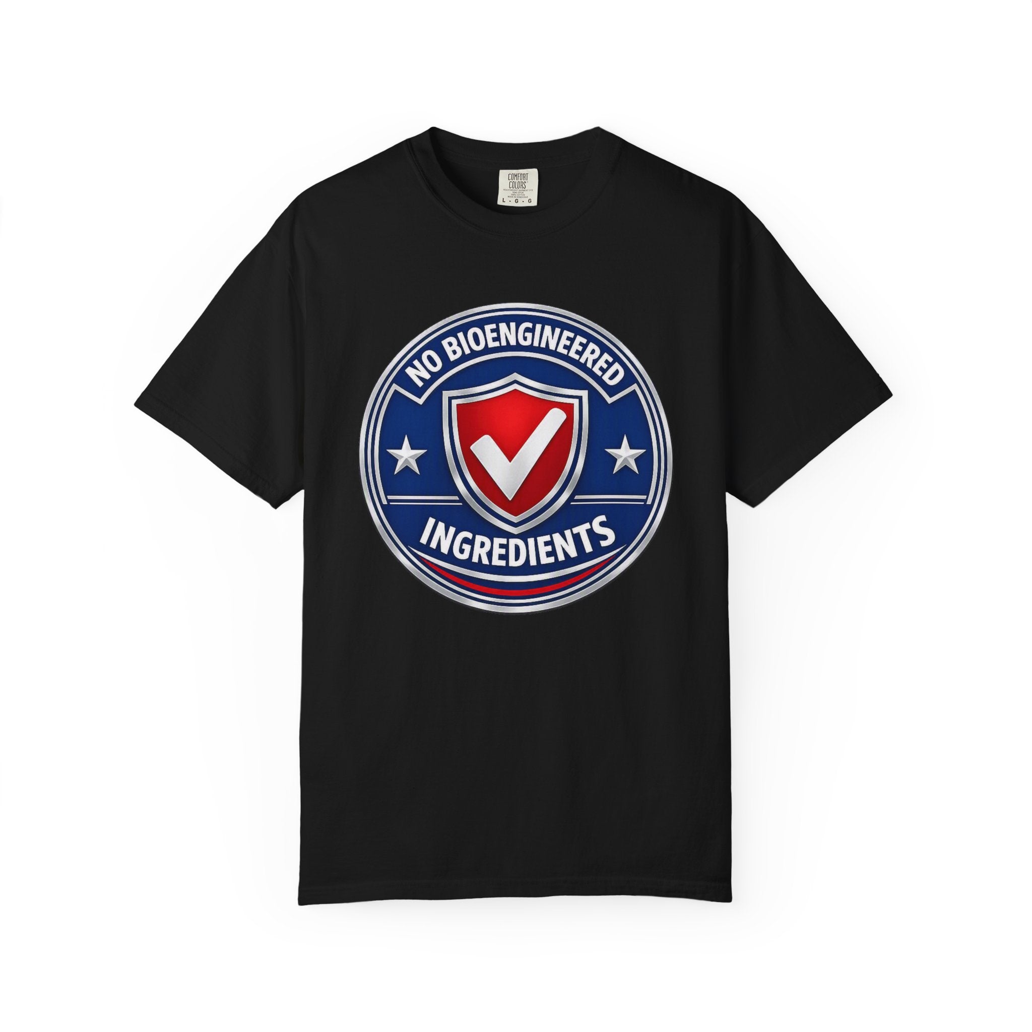No Bioengineered Ingredients T-Shirt — Retro Shield Organic Food Badge Tee