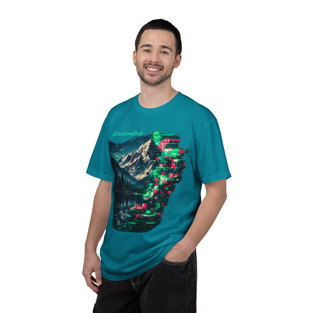 GlitchingOut Mountain Landscape T-Shirt — Retro Glitch Nature Graphic Tee