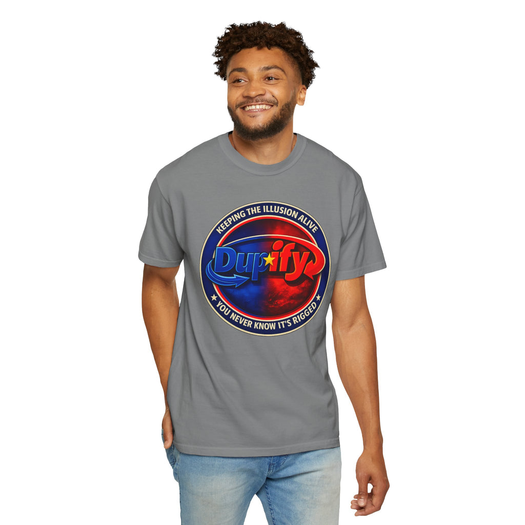 Dupify Graphic T-Shirt — "Keeping the Illusion Alive" Retro Logo Satire Tee