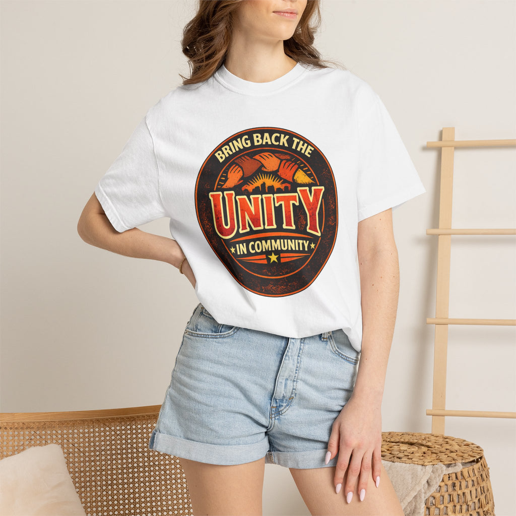 Unity Graphic T-Shirt — "Bring Back the Unity in Community" Vintage Badge Design