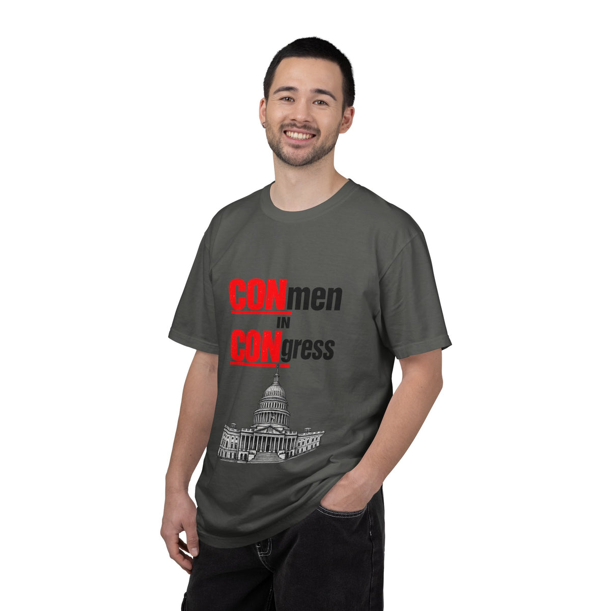 T-Shirt — "CONmen in CONgress" Political Satire Tee with Capitol Graphic