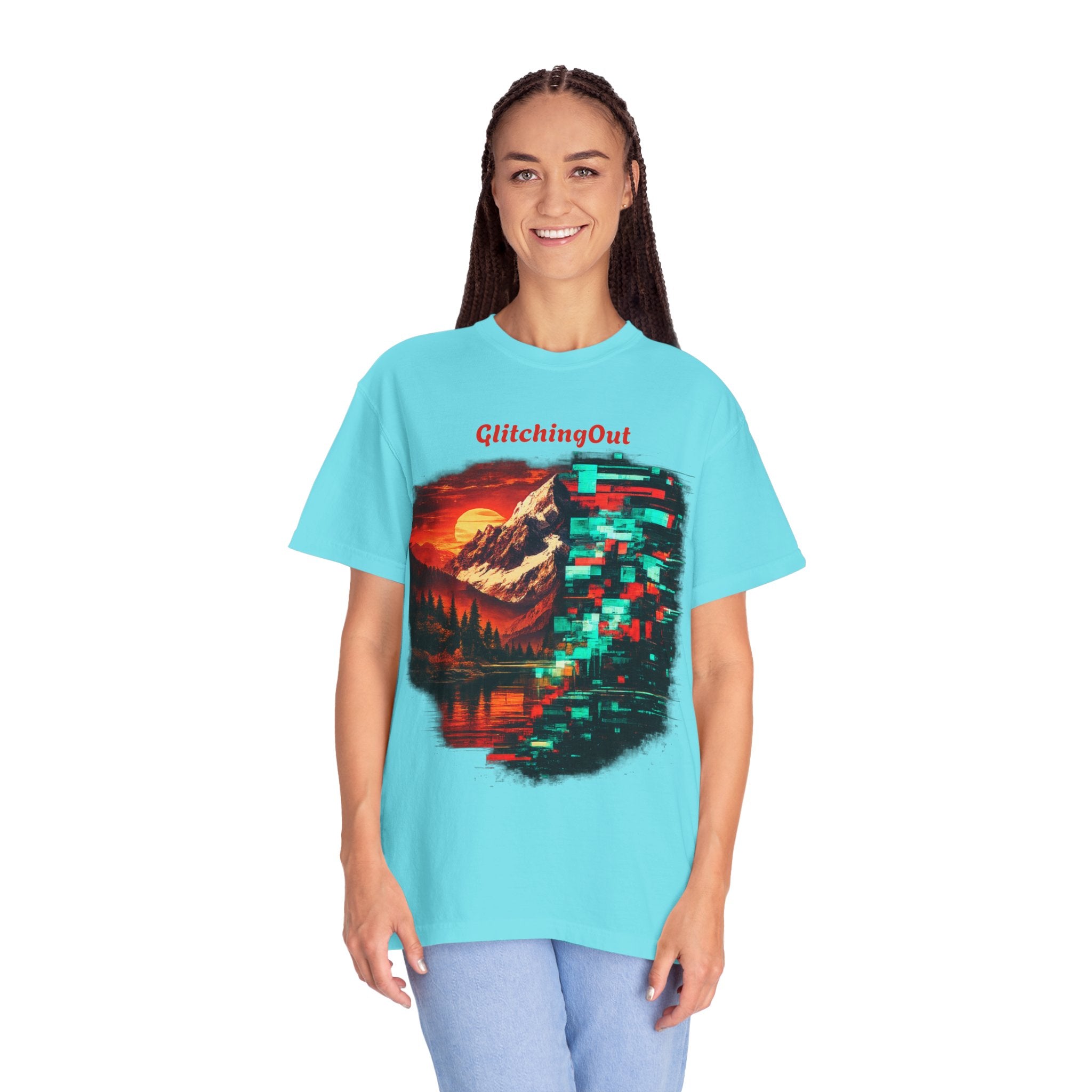 Graphic T-Shirt — "Glitching Out" Mountain Sunset Pixel Art
