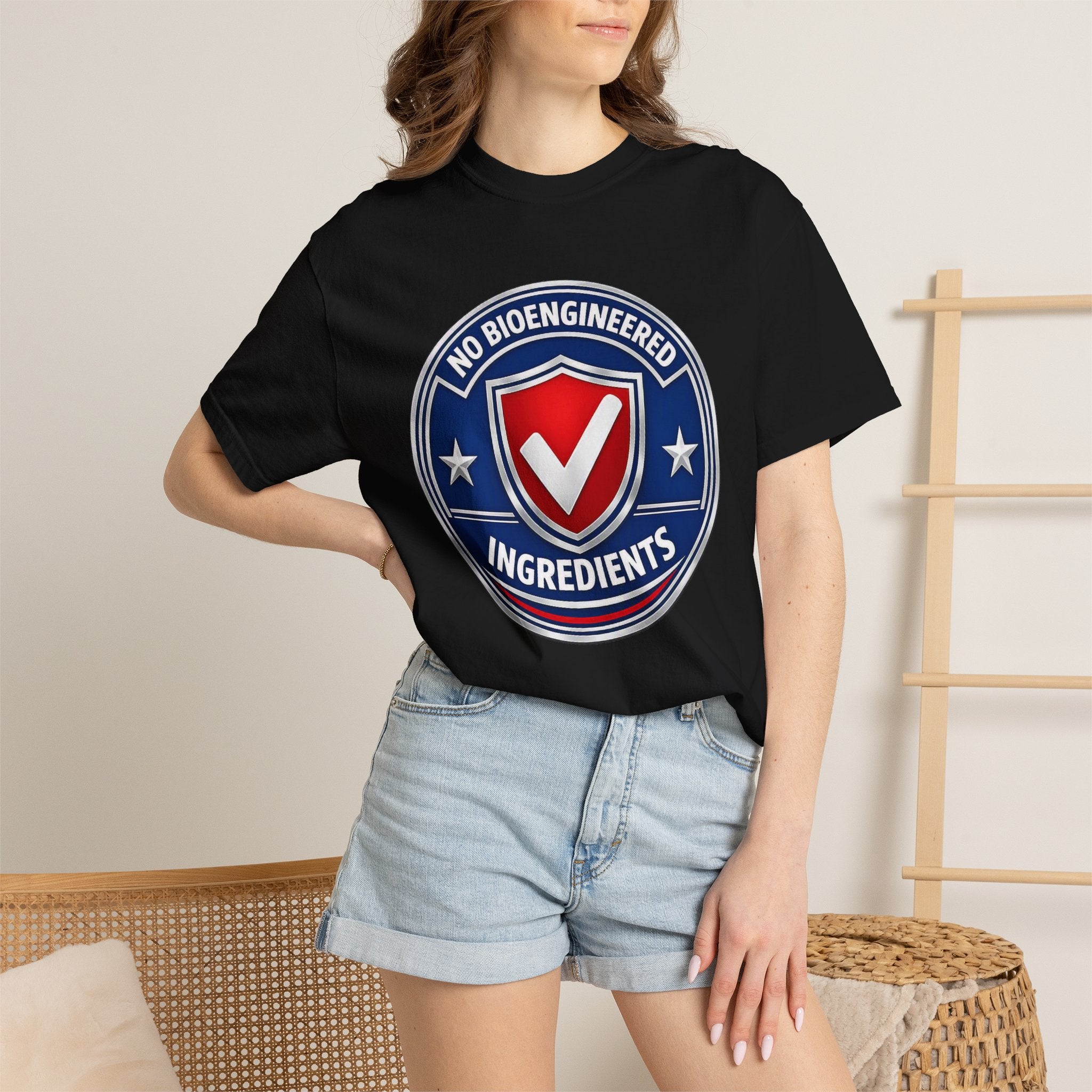 No Bioengineered Ingredients T-Shirt — Retro Shield Organic Food Badge Tee