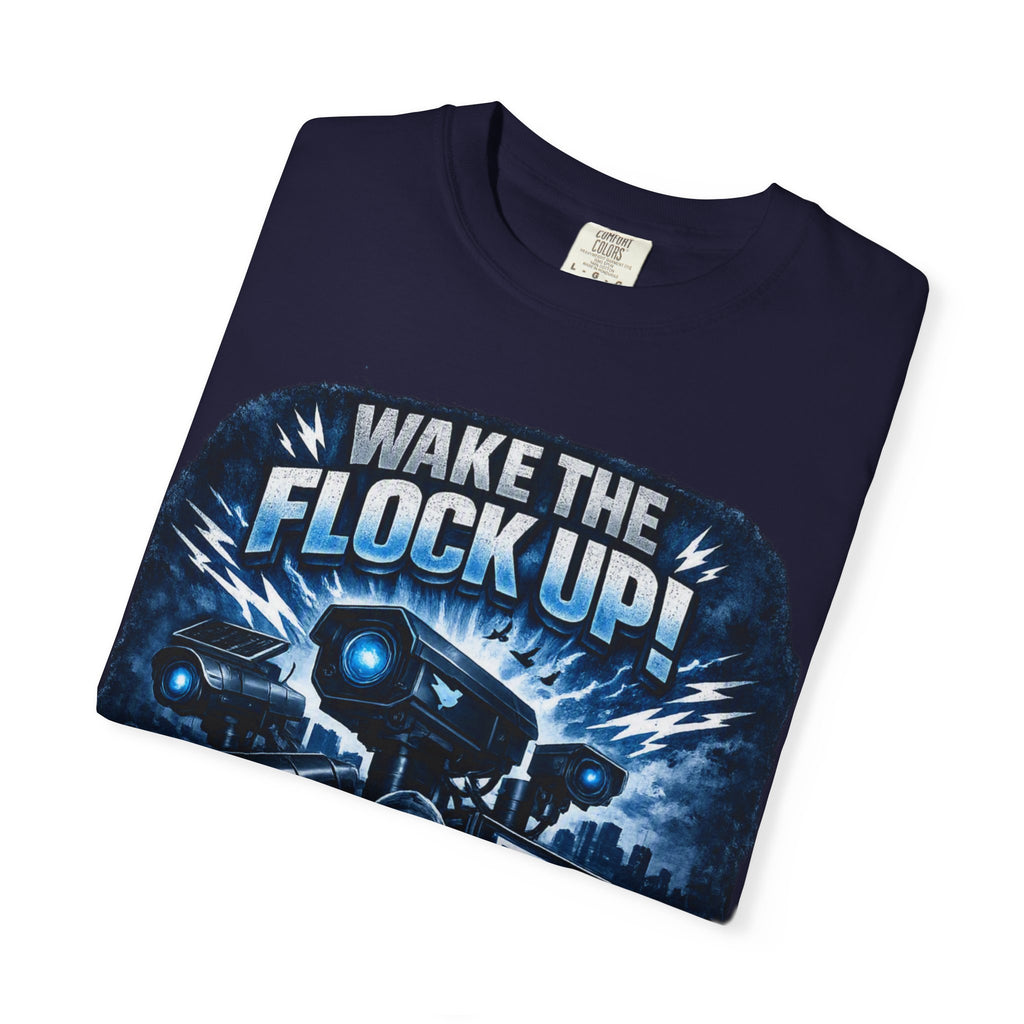 T-Shirt — "Wake the Flock Up" V2 Protest Graphic Tee (Bold Blue Dystopian Design)