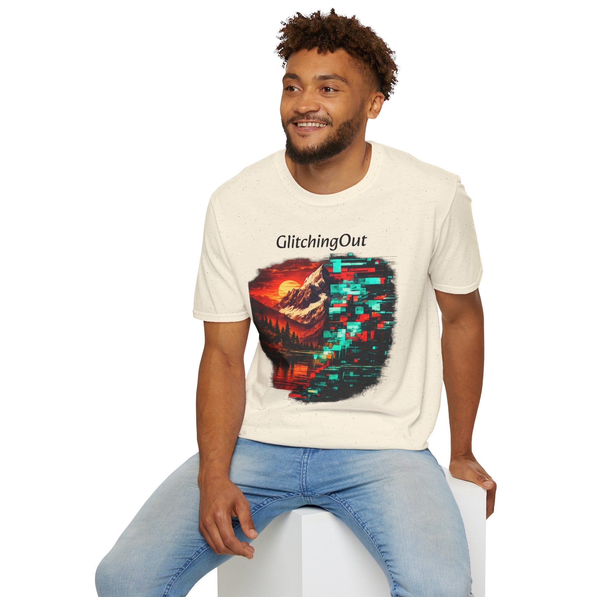 Graphic T-Shirt — "Glitching Out" Mountain Sunset Pixel Art