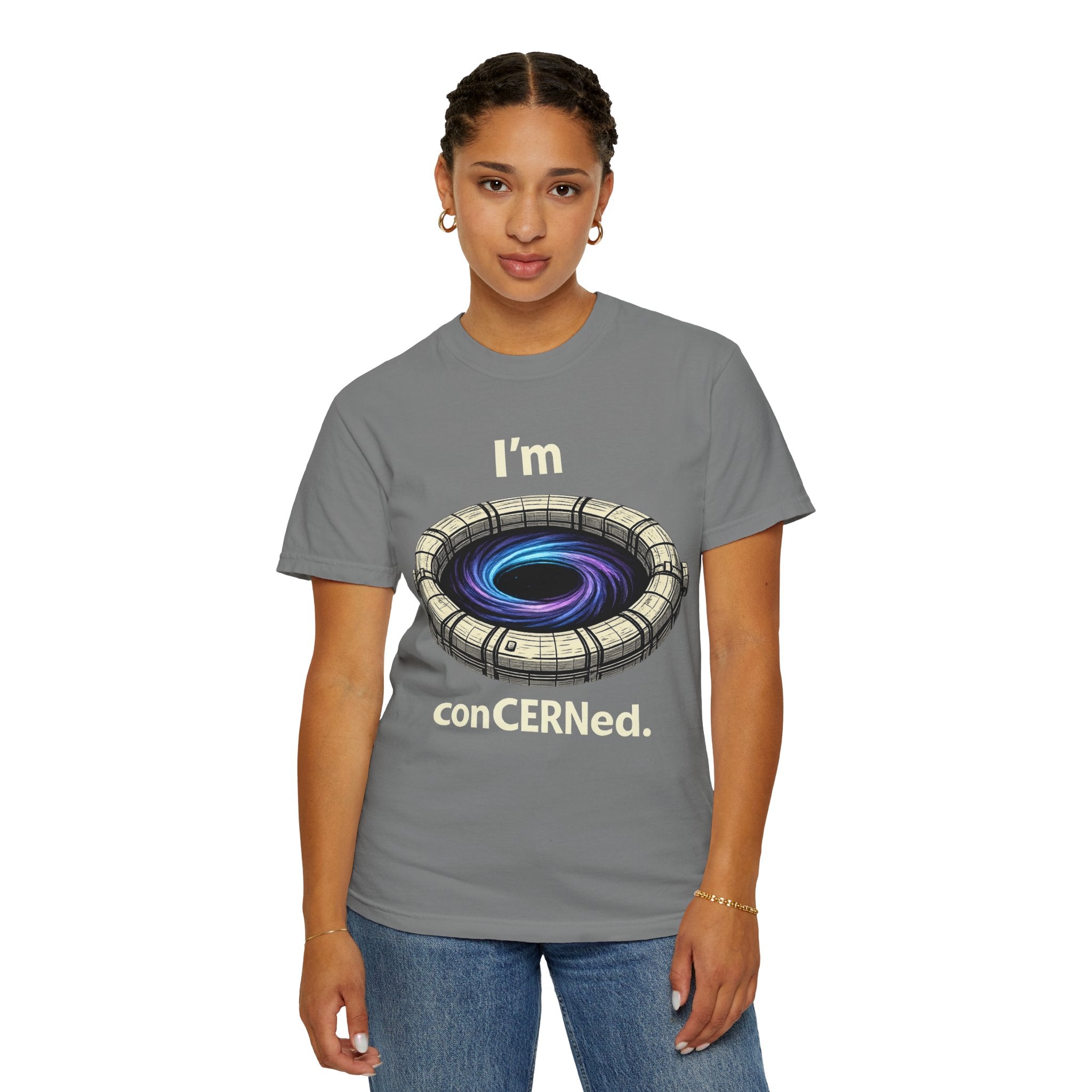 T-Shirt — "I'm conCERNed." Black Hole CERN Physics Science Tee