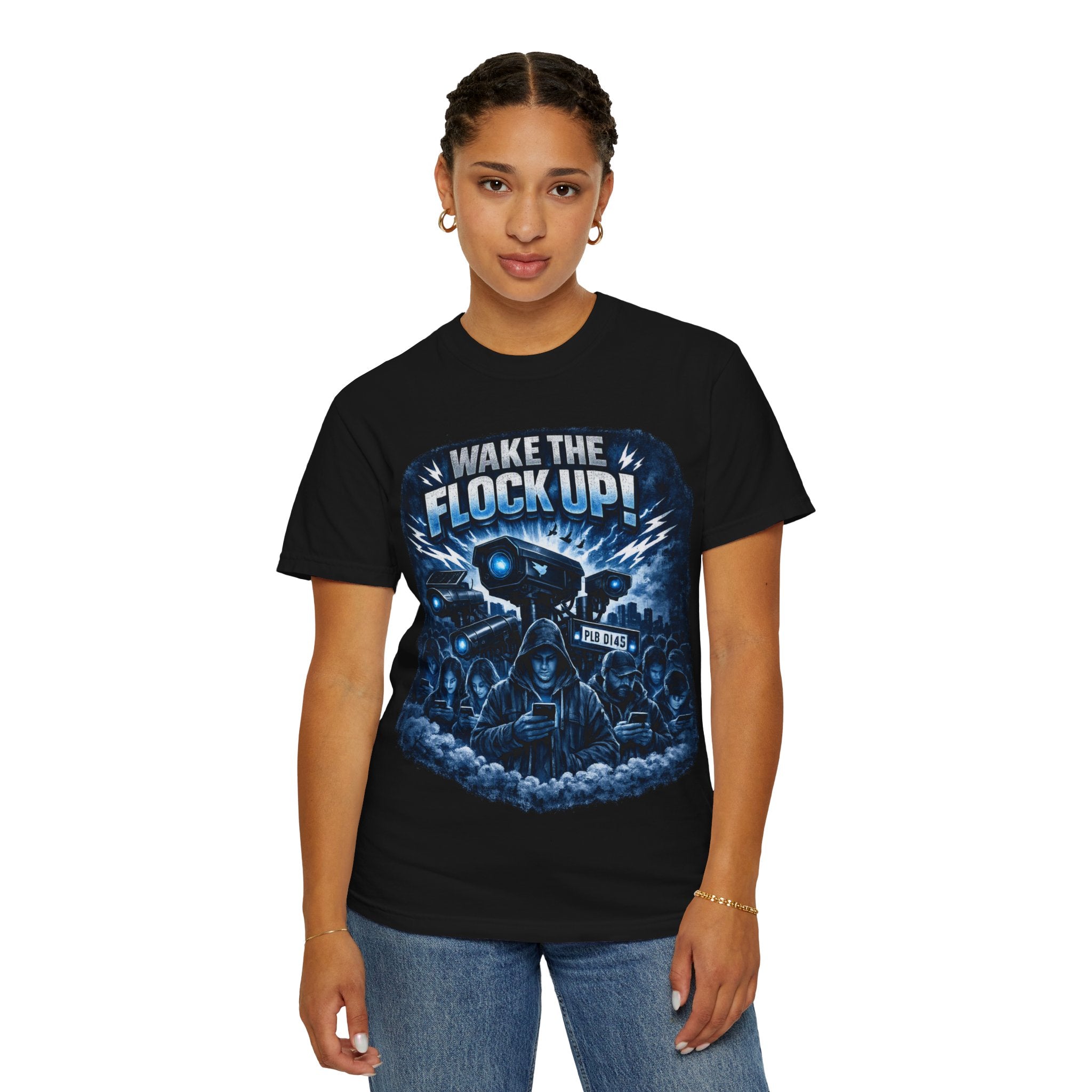 T-Shirt — "Wake the Flock Up" V2 Protest Graphic Tee (Bold Blue Dystopian Design)
