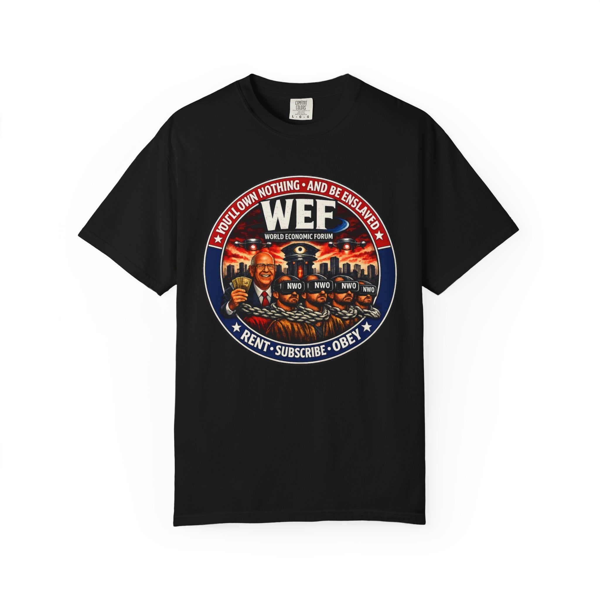 T-Shirt — WEF Dystopian Retro Logo “Rent • Subscribe • Obey”