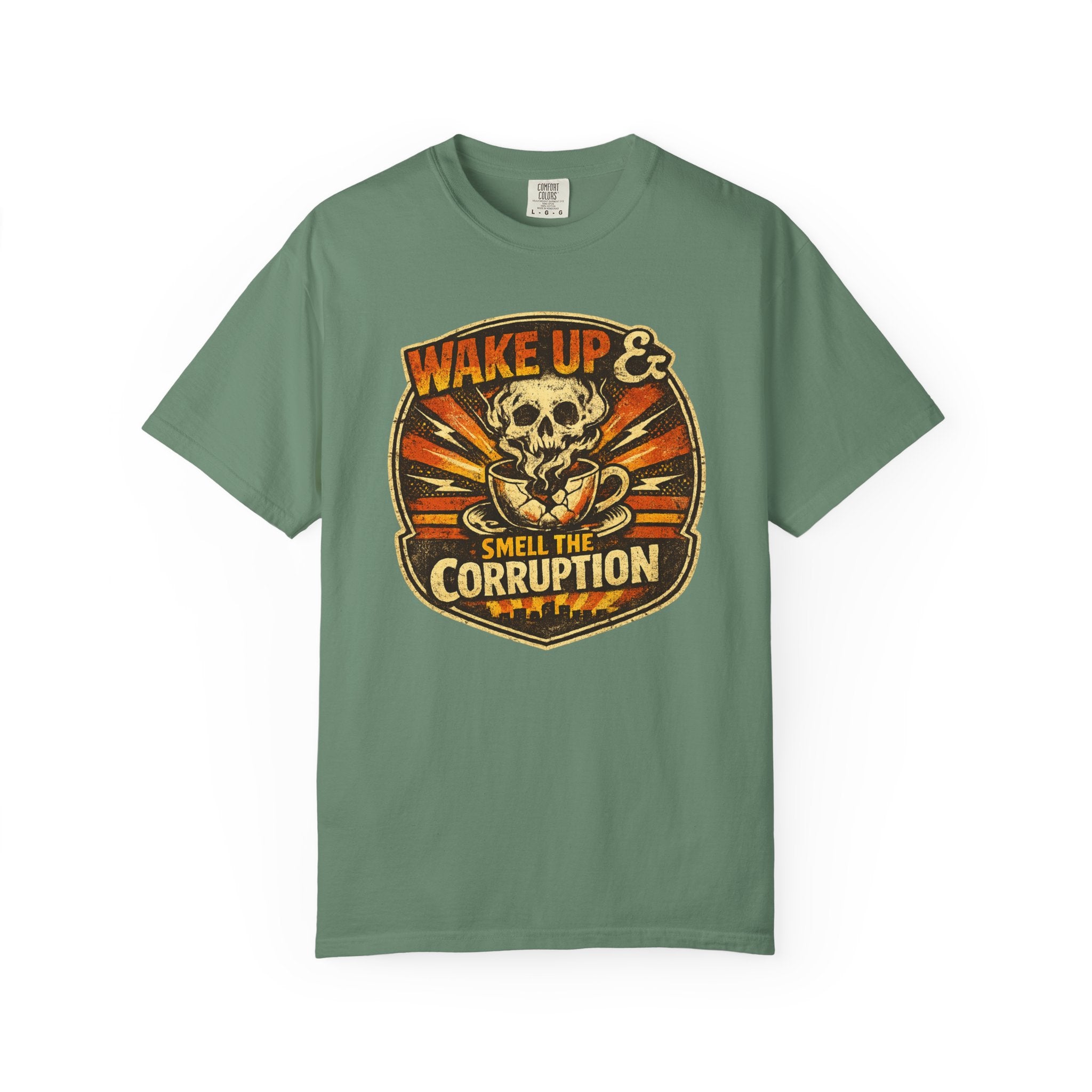 Wake Up & Smell the Corruption T-Shirt — Vintage Skull Protest Graphic Tee