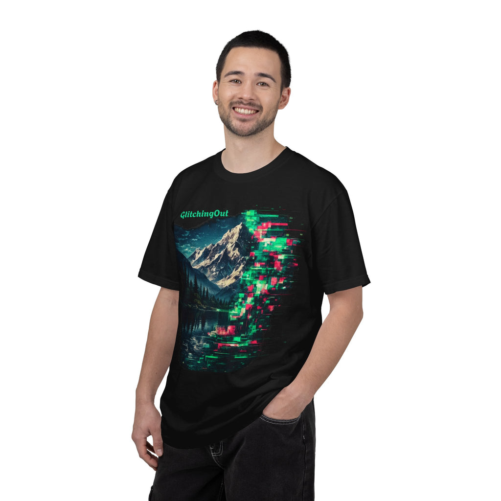 GlitchingOut Mountain Landscape T-Shirt — Retro Glitch Nature Graphic Tee