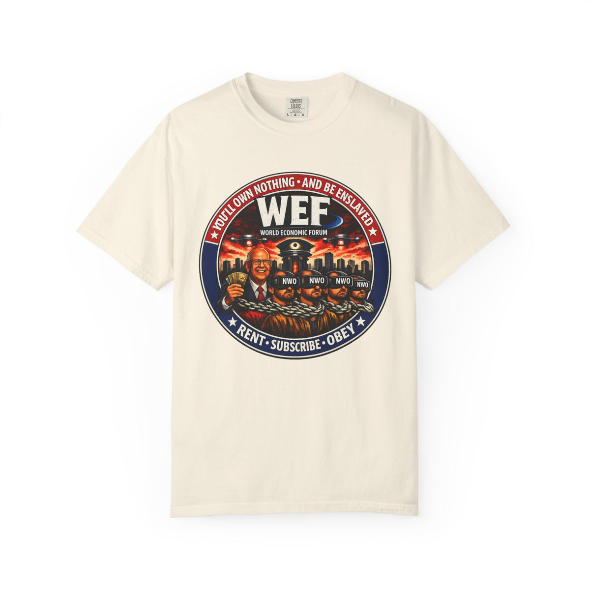 T-Shirt — WEF Dystopian Retro Logo “Rent • Subscribe • Obey”
