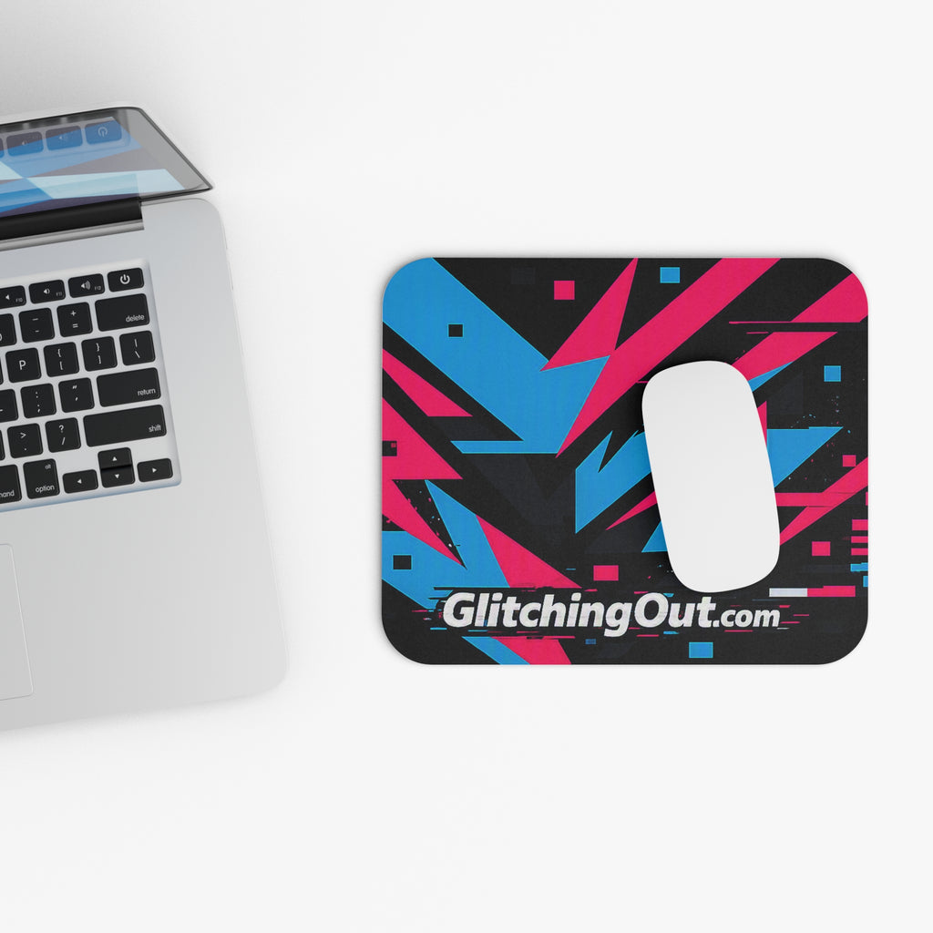 GlitchingOut Retro Cyber Geometric Mouse Pad — Neon Blue & Pink Rectangle