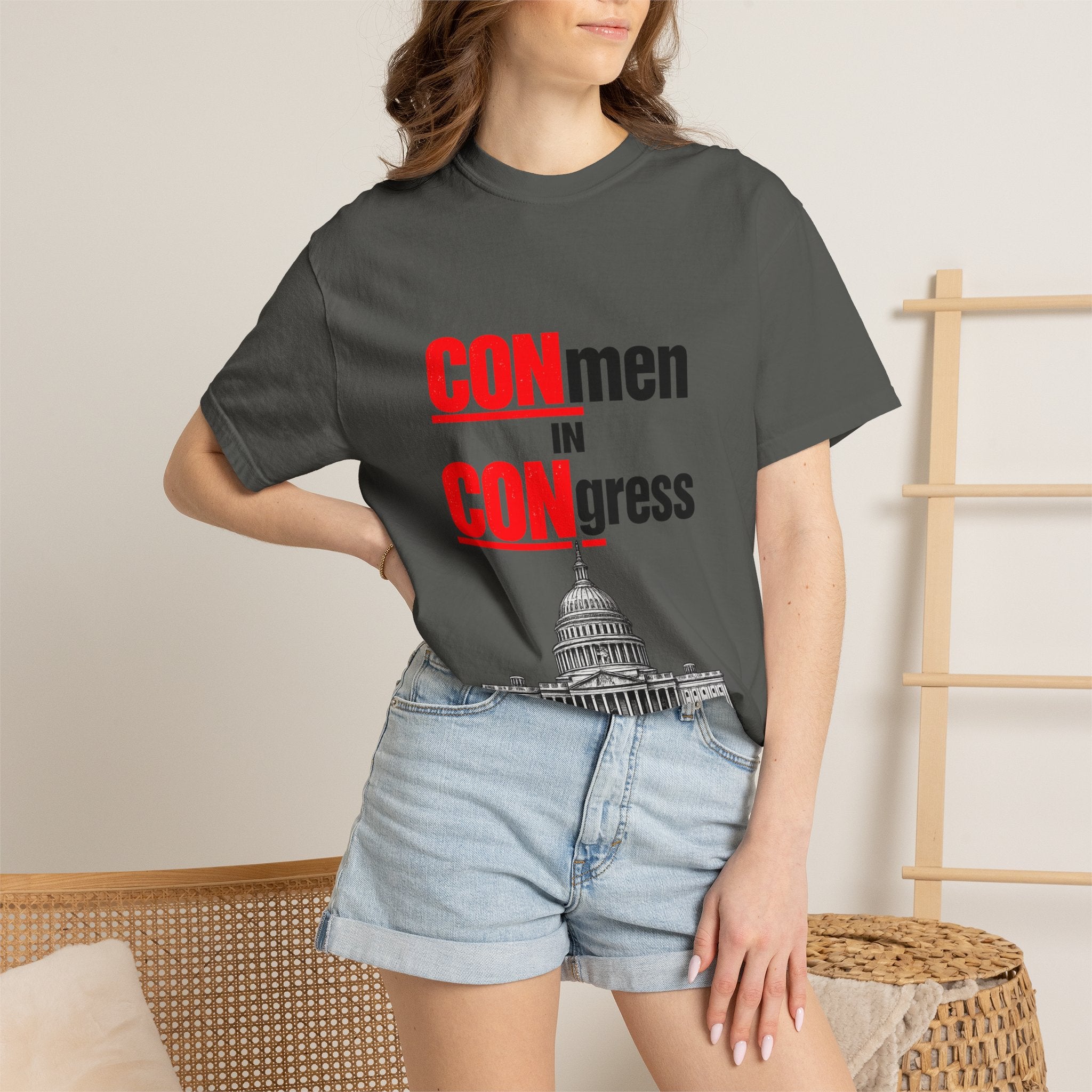 T-Shirt — "CONmen in CONgress" Political Satire Tee with Capitol Graphic