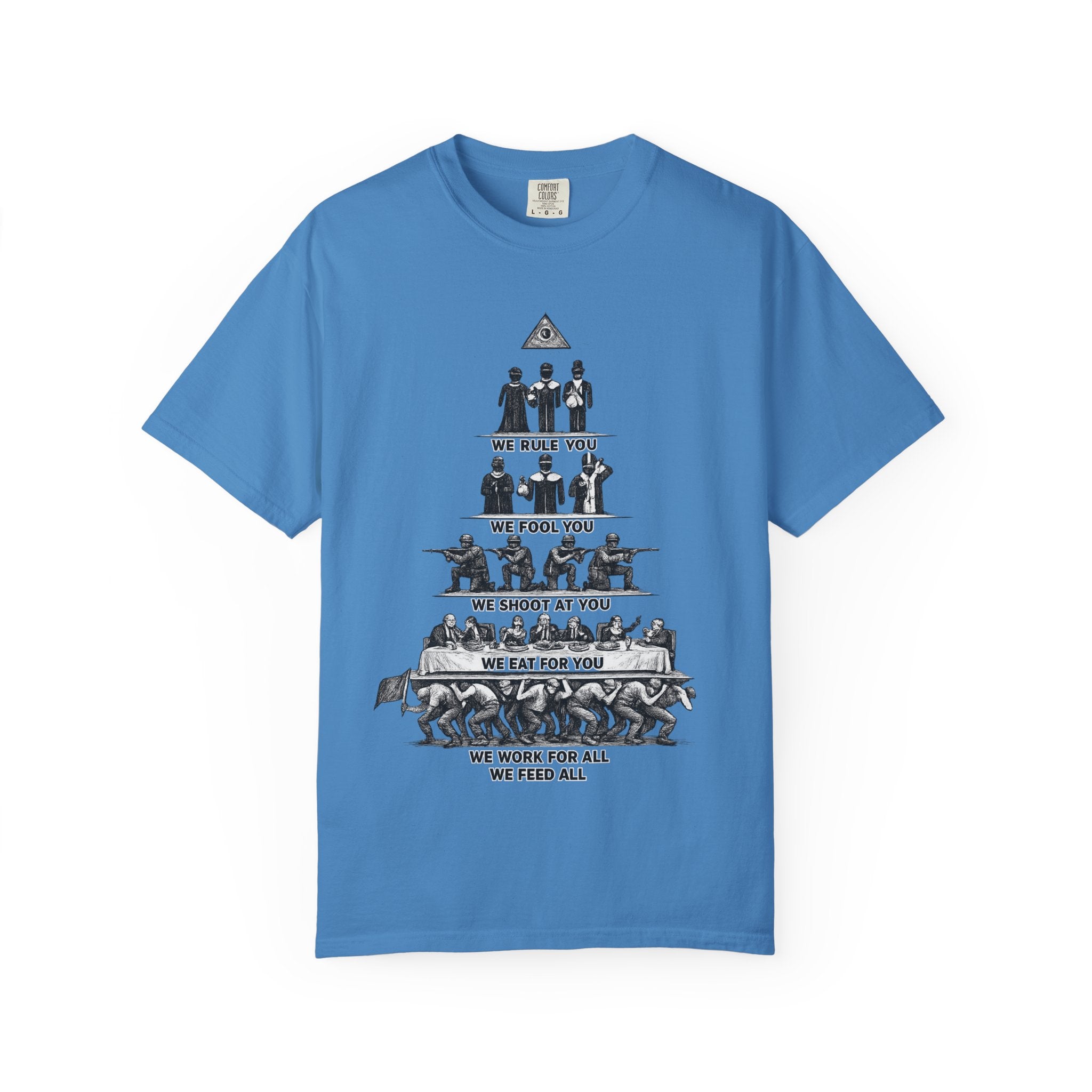 T-Shirt — Hierarchy of Power Graphic Tee ("We Rule You / We Fool You / We Shoot At You / We Eat For You / We Work For All / We Feed All")