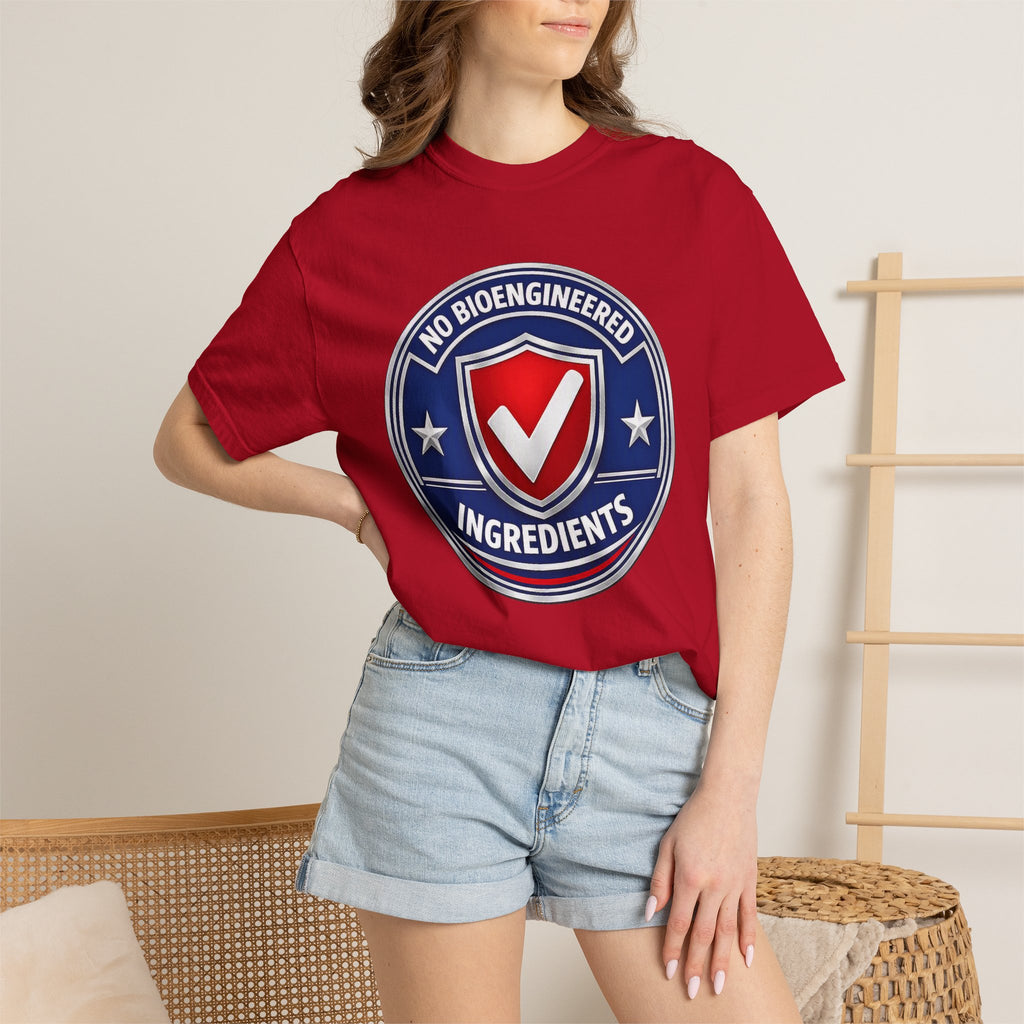 No Bioengineered Ingredients T-Shirt — Retro Shield Organic Food Badge Tee