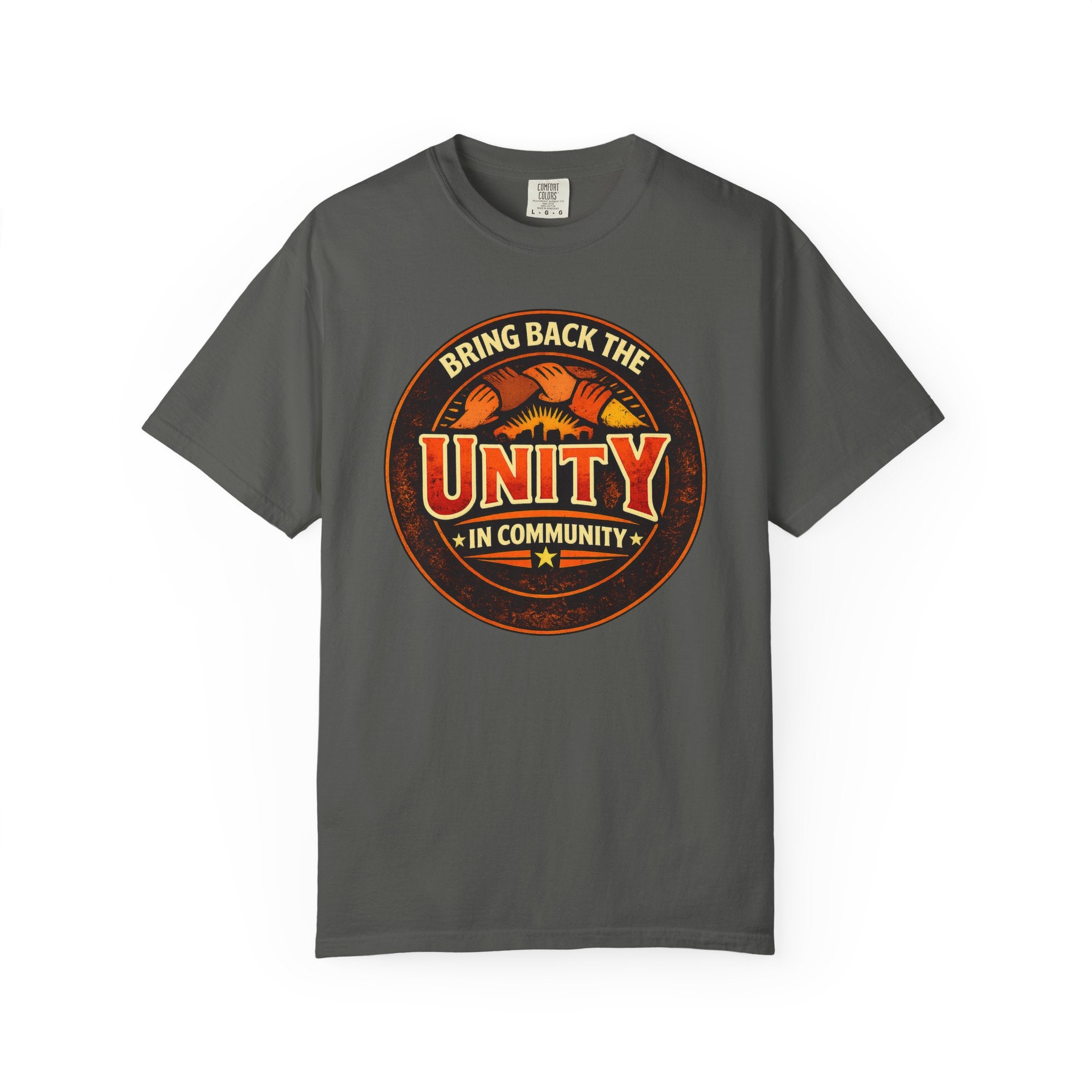 Unity Graphic T-Shirt — "Bring Back the Unity in Community" Vintage Badge Design