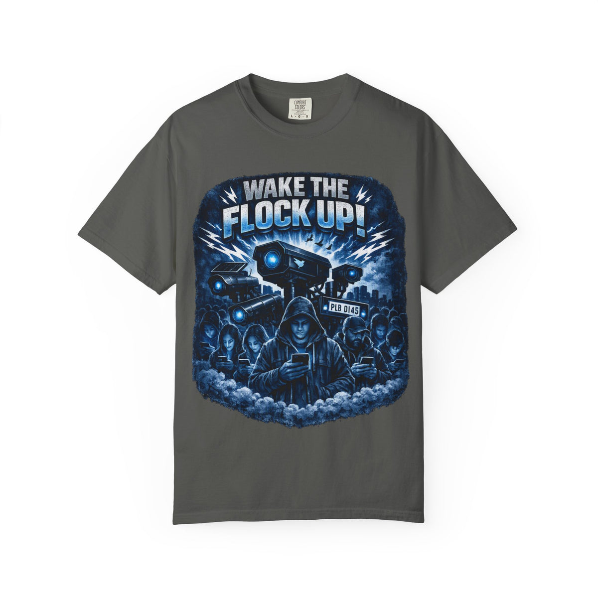 T-Shirt — "Wake the Flock Up" V2 Protest Graphic Tee (Bold Blue Dystopian Design)