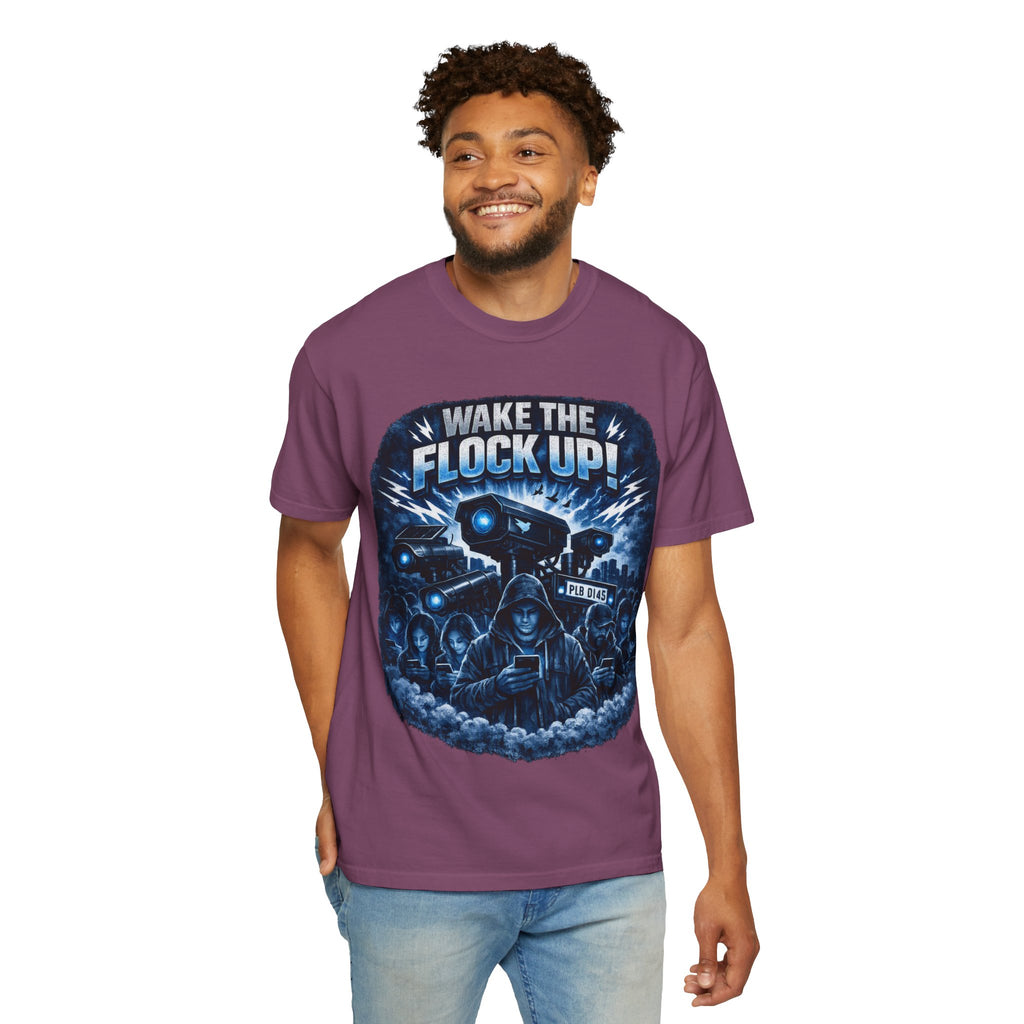 T-Shirt — "Wake the Flock Up" V2 Protest Graphic Tee (Bold Blue Dystopian Design)