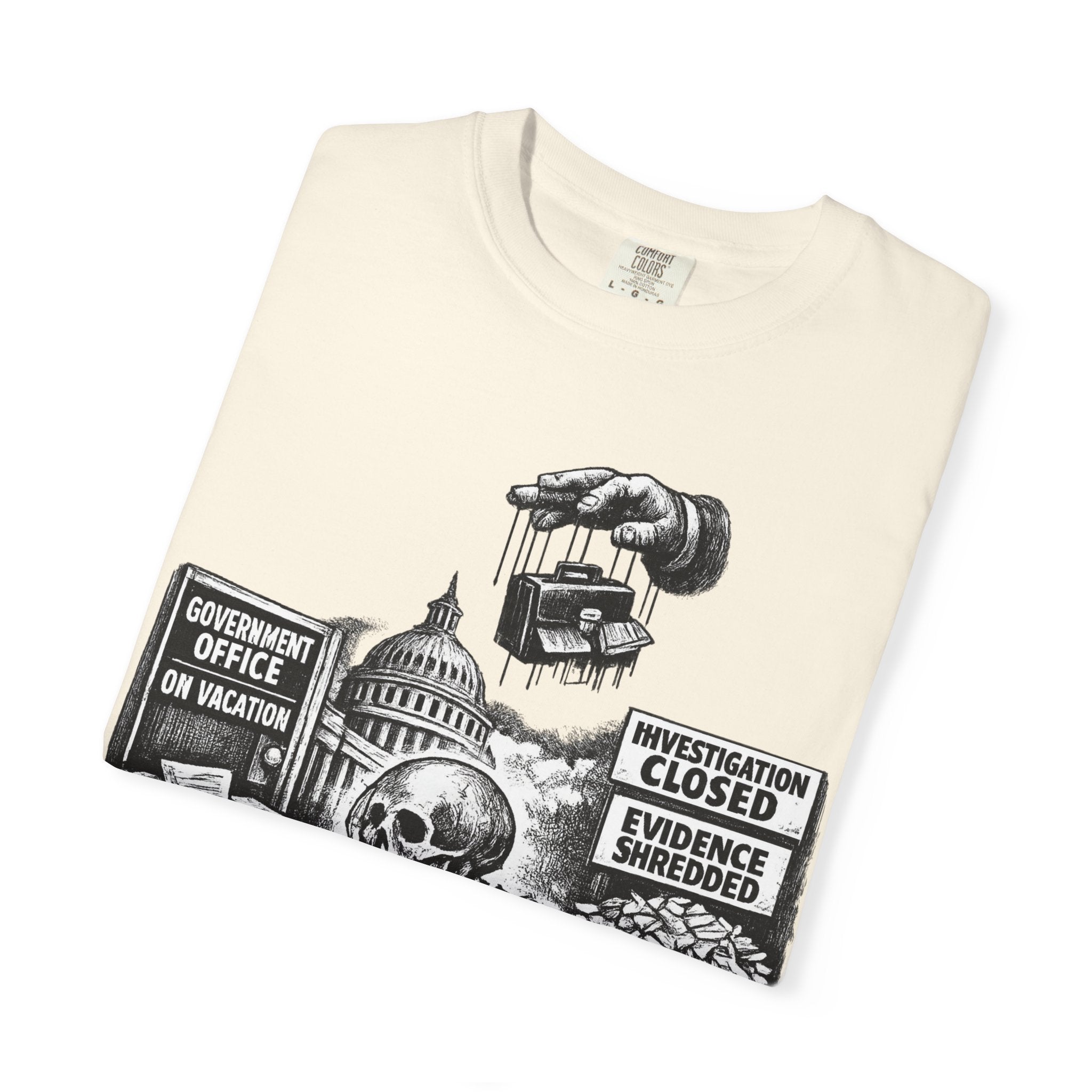 Graphic Tee — "Waiting for the Government to End Corruption" Political Skeletal Design