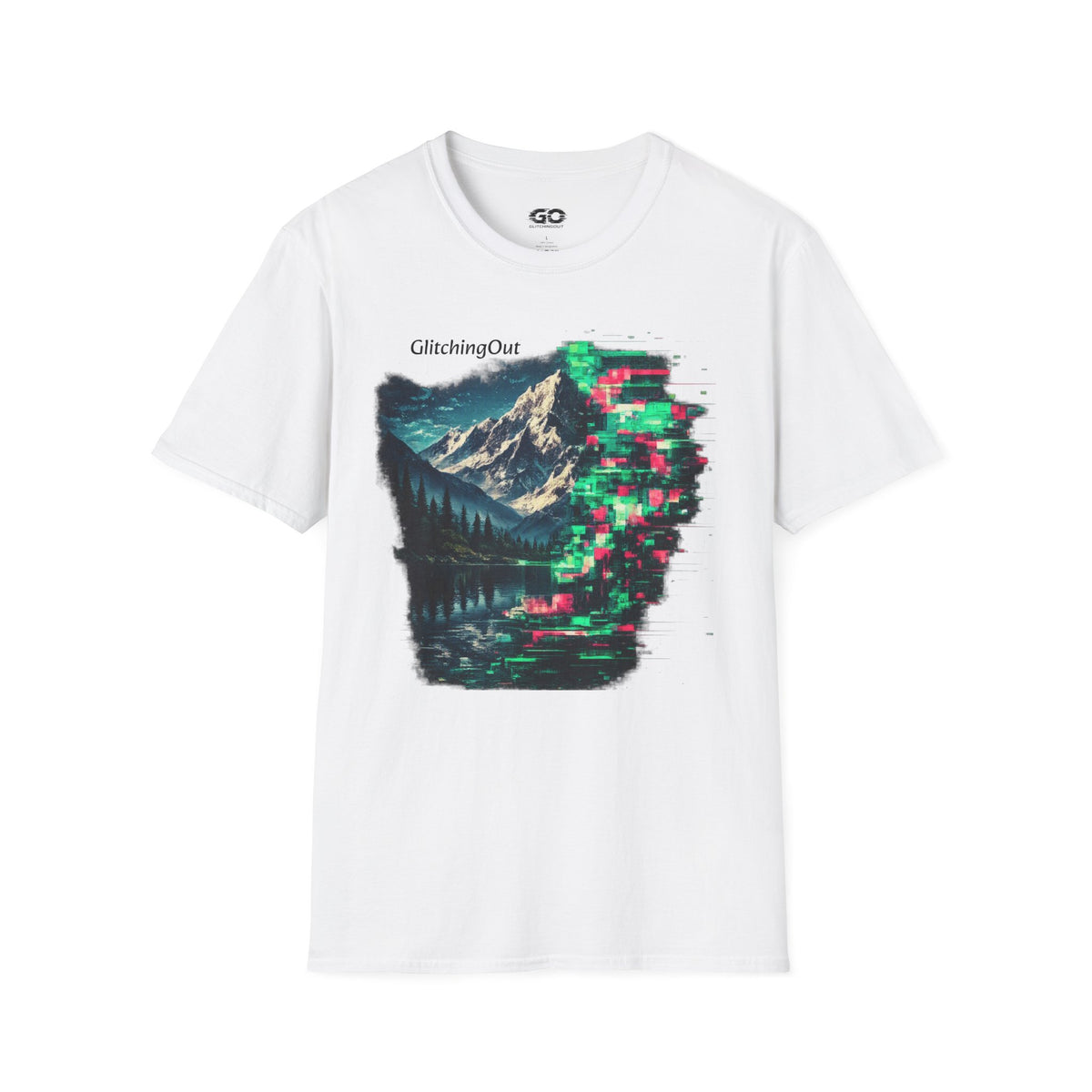 GlitchingOut Mountain Landscape T-Shirt — Retro Glitch Nature Graphic Tee