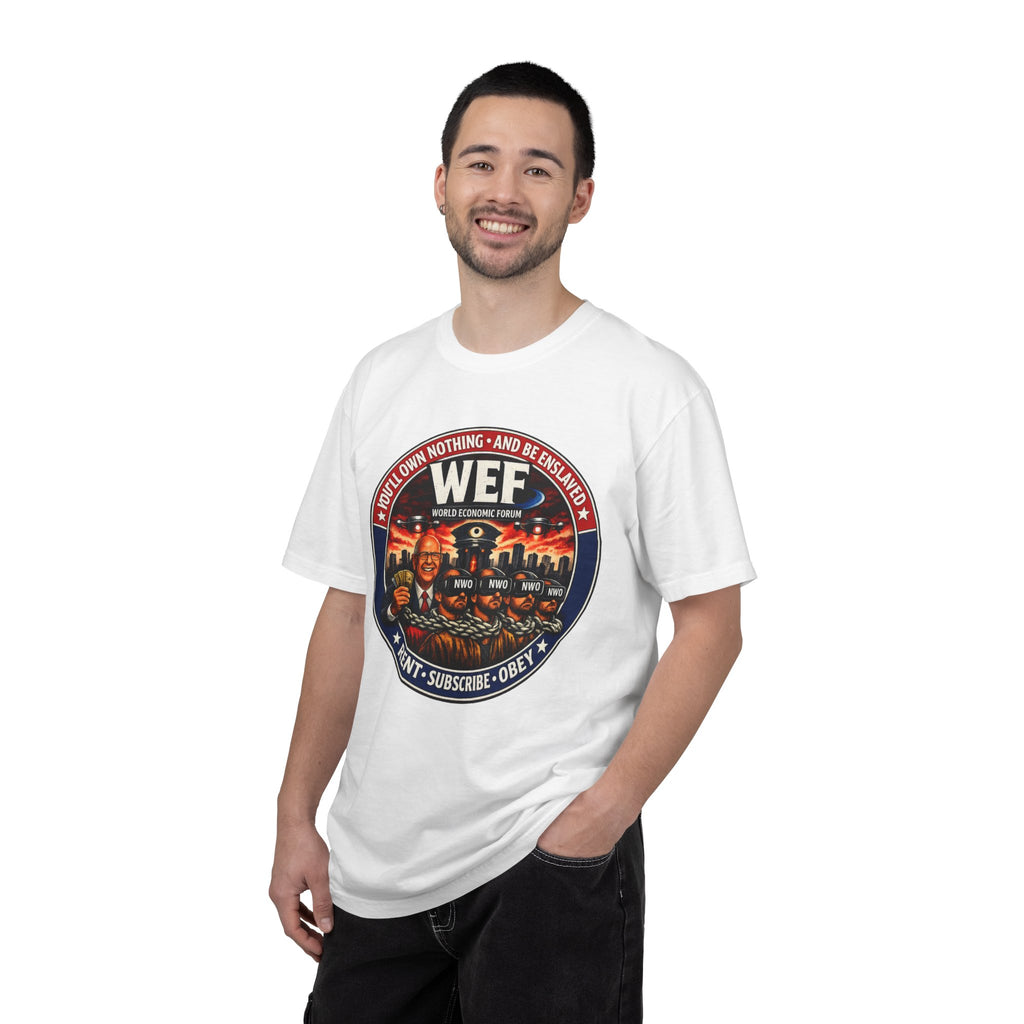 T-Shirt — WEF Dystopian Retro Logo “Rent • Subscribe • Obey”