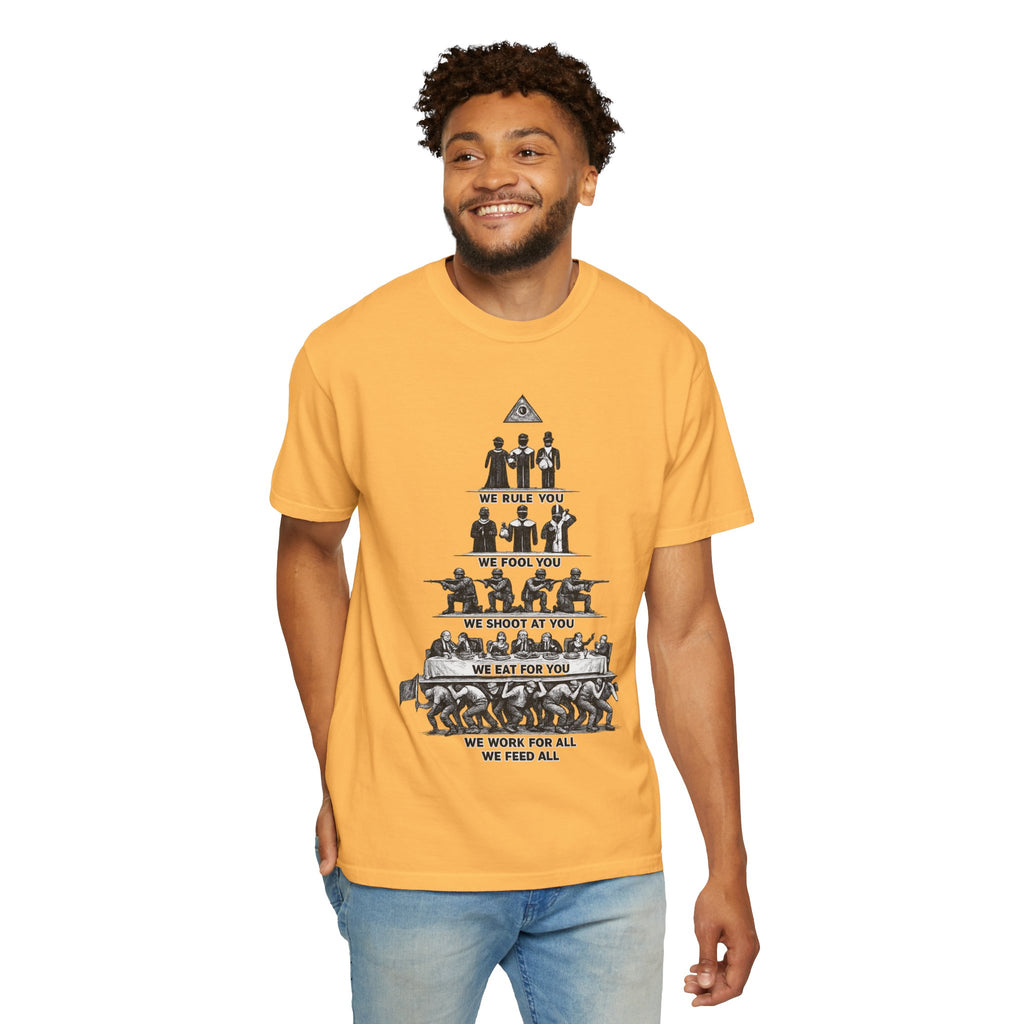T-Shirt — Hierarchy of Power Graphic Tee ("We Rule You / We Fool You / We Shoot At You / We Eat For You / We Work For All / We Feed All")