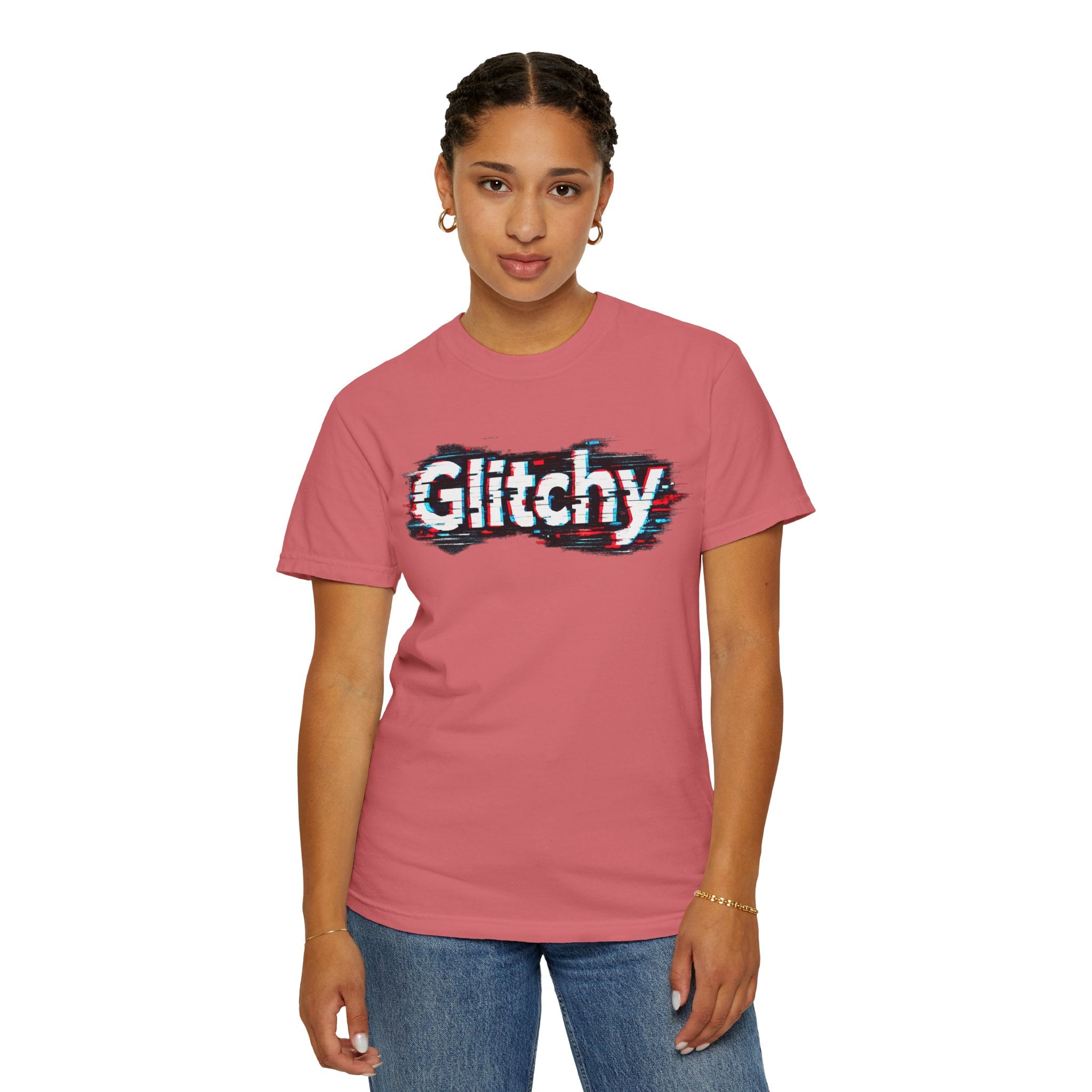 Glitchy Graphic T-Shirt — Retro Glitch Text Tee (Front "GO", Back "Glitchy")